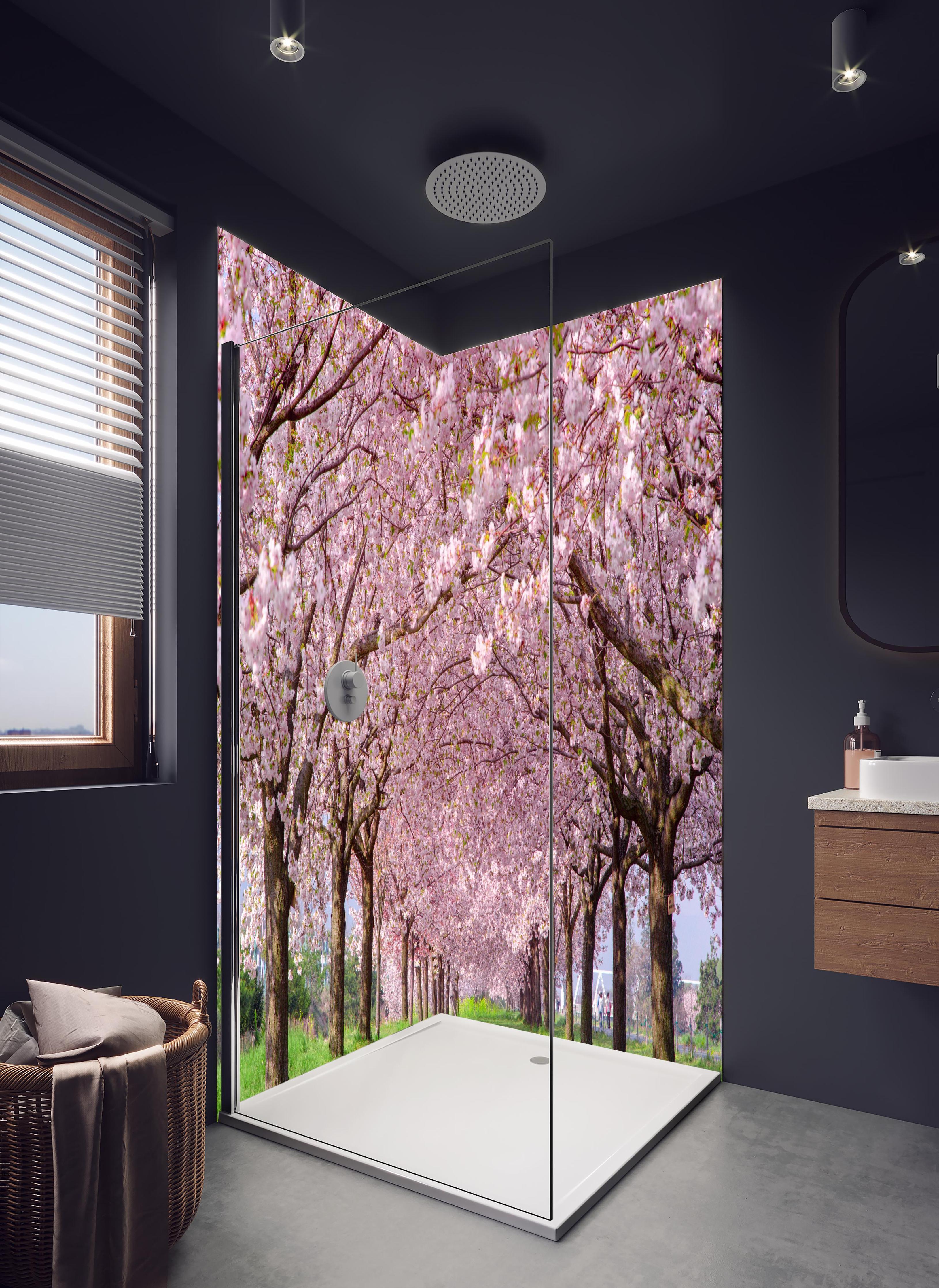 Duschrückwand - Wunderschöne Kirschbaumallee in hellem Badezimmer mit Regenduschkopf - zweiteilige Eck-Duschrückwand