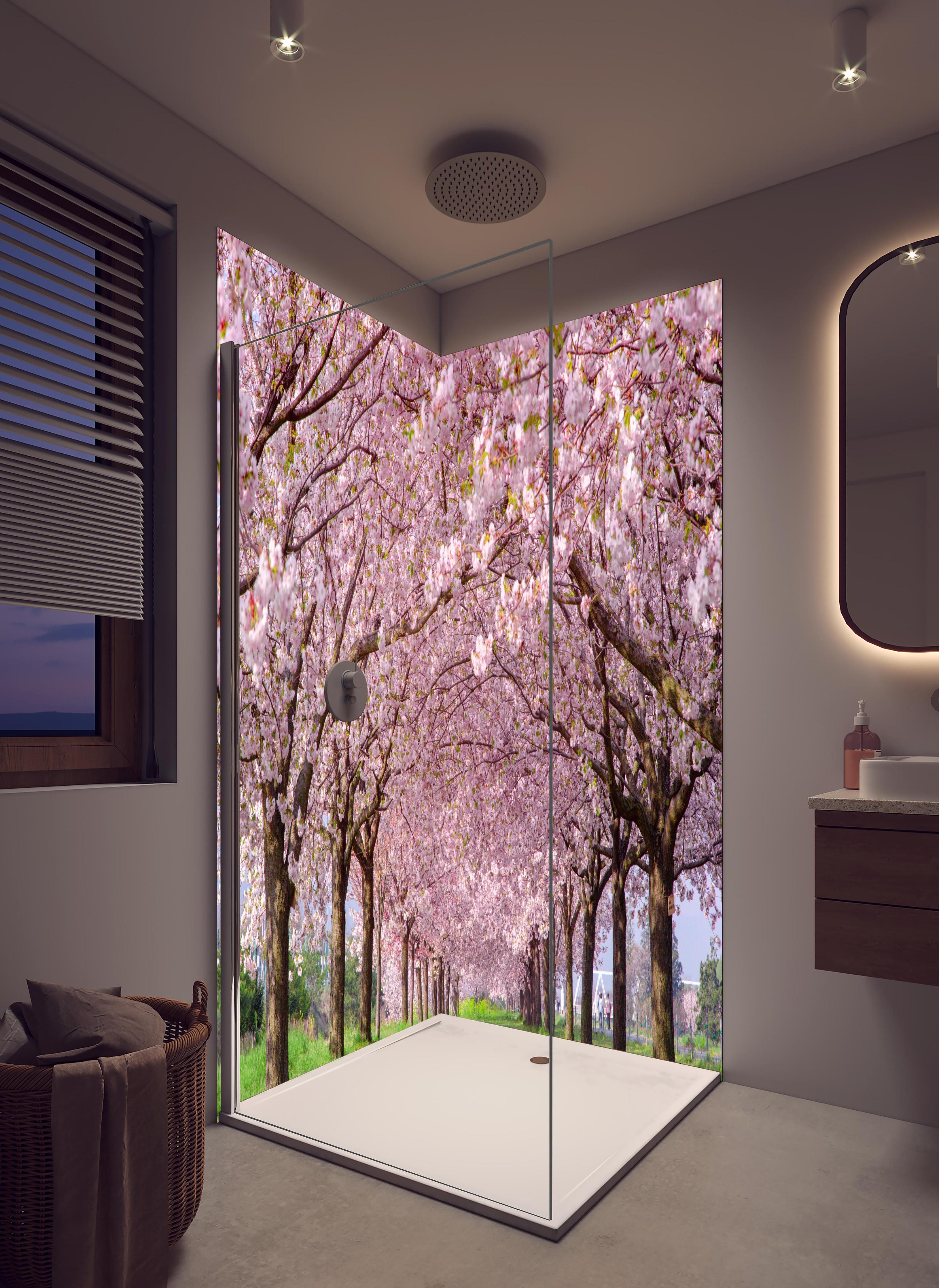 Duschrückwand - Wunderschöne Kirschbaumallee in hellem Badezimmer mit Regenduschkopf - zweiteilige Eck-Duschrückwand
