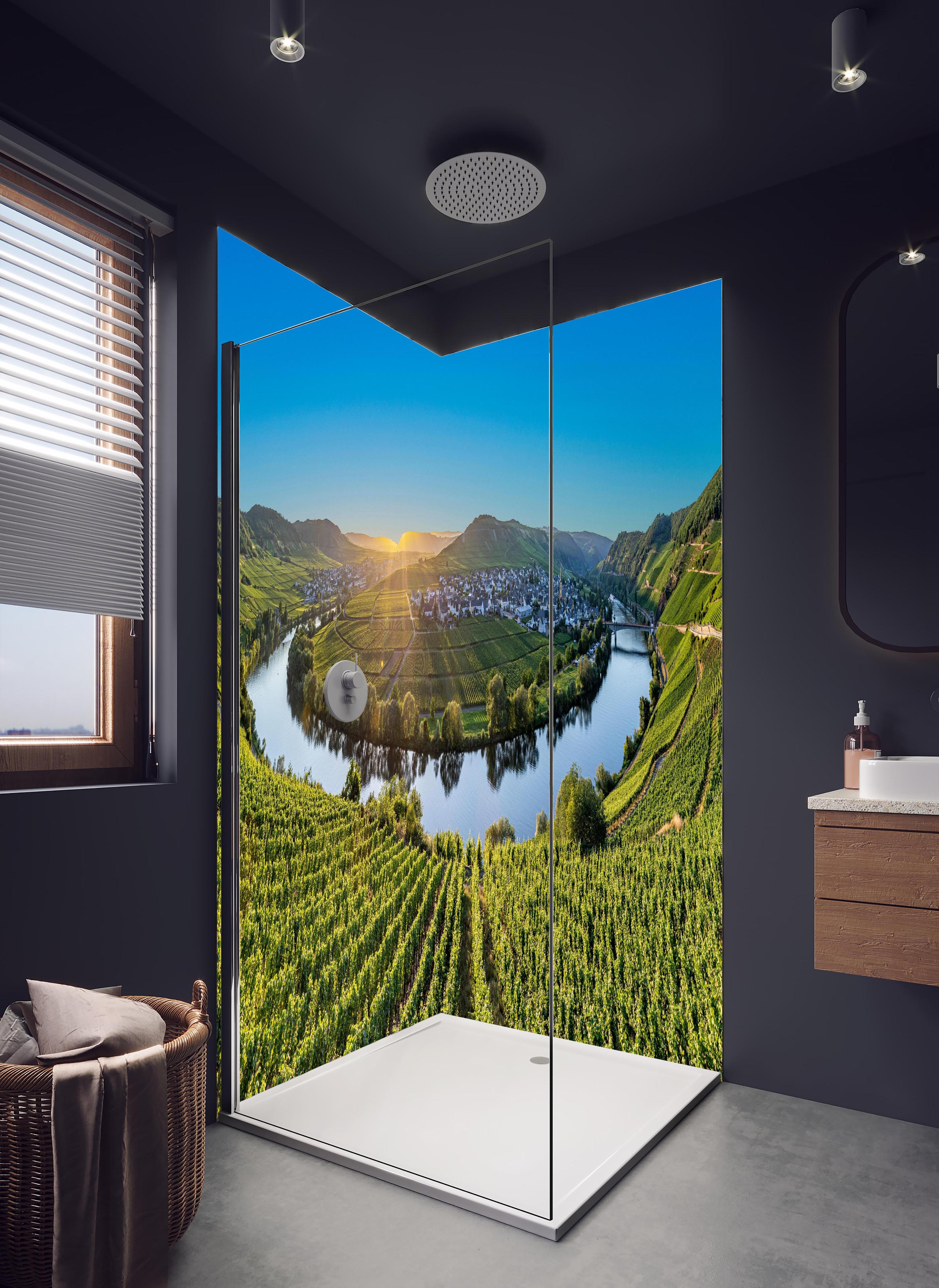 Duschrückwand - Wunderschöne Landschaft in Leiwen, Deutschland in hellem Badezimmer mit Regenduschkopf - zweiteilige Eck-Duschrückwand