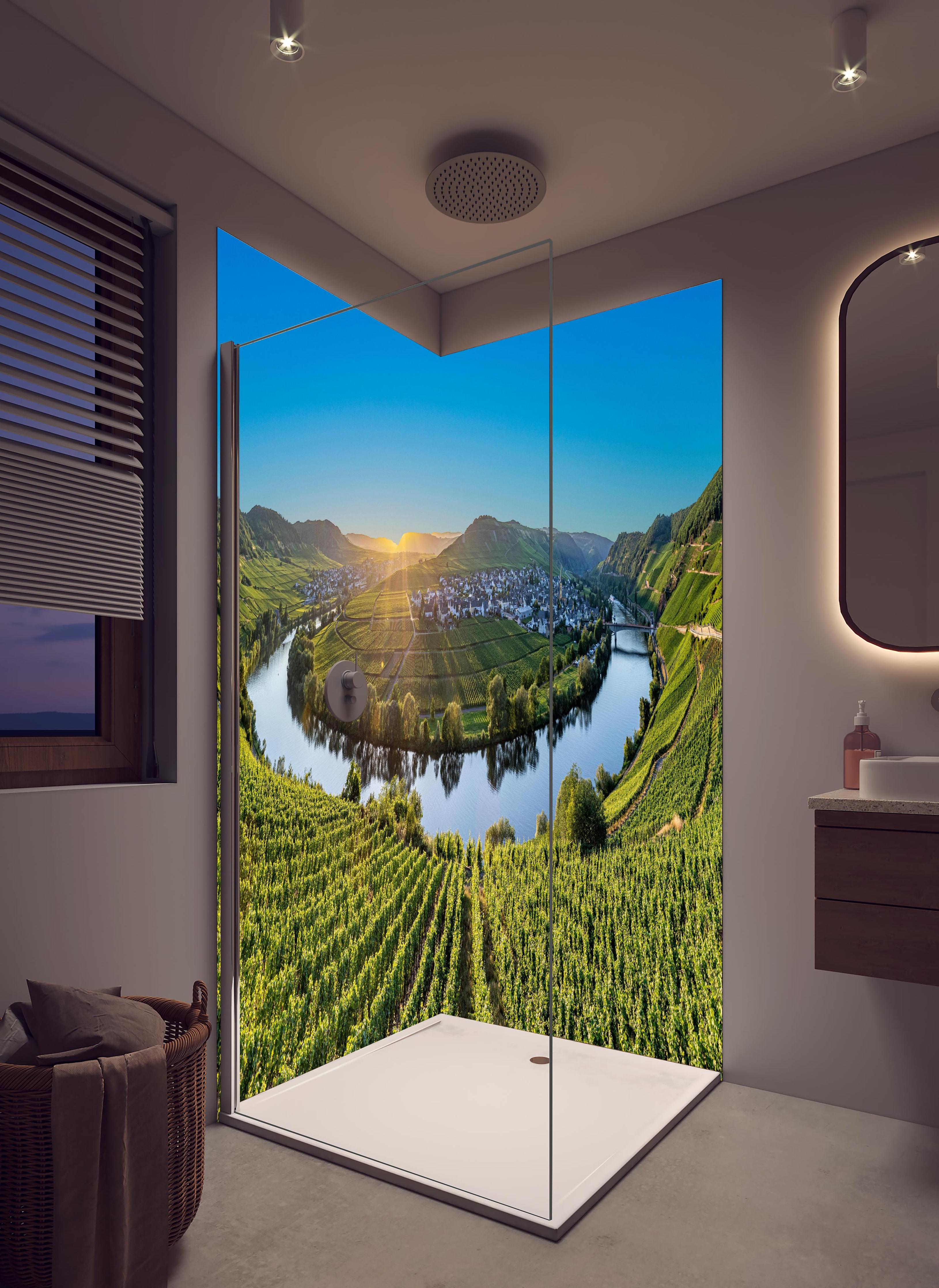 Duschrückwand - Wunderschöne Landschaft in Leiwen, Deutschland in hellem Badezimmer mit Regenduschkopf - zweiteilige Eck-Duschrückwand