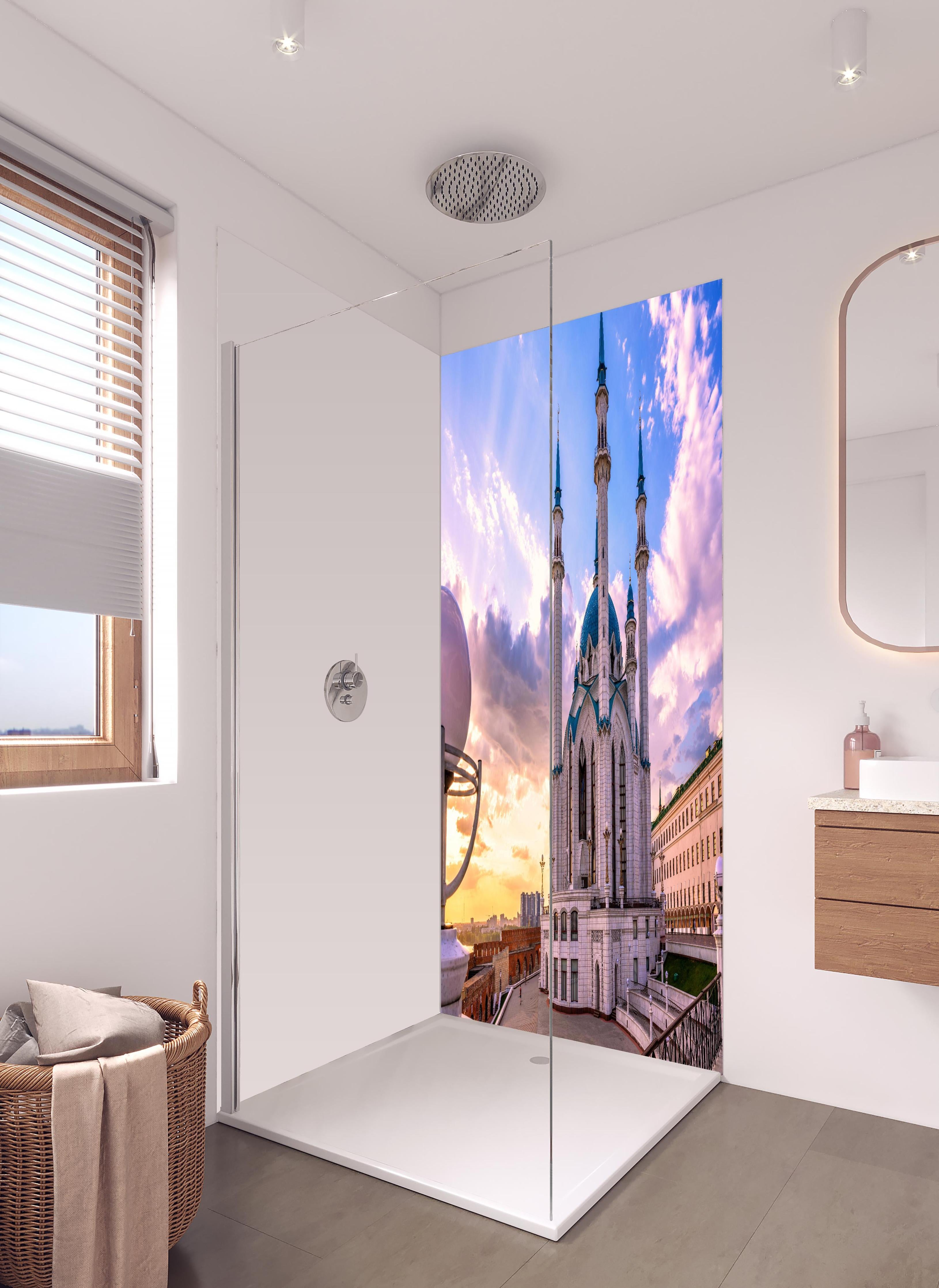 Duschrückwand - Wunderschöne Moschee - Russland in hellem Badezimmer mit Regenduschkopf - zweiteilige Eck-Duschrückwand