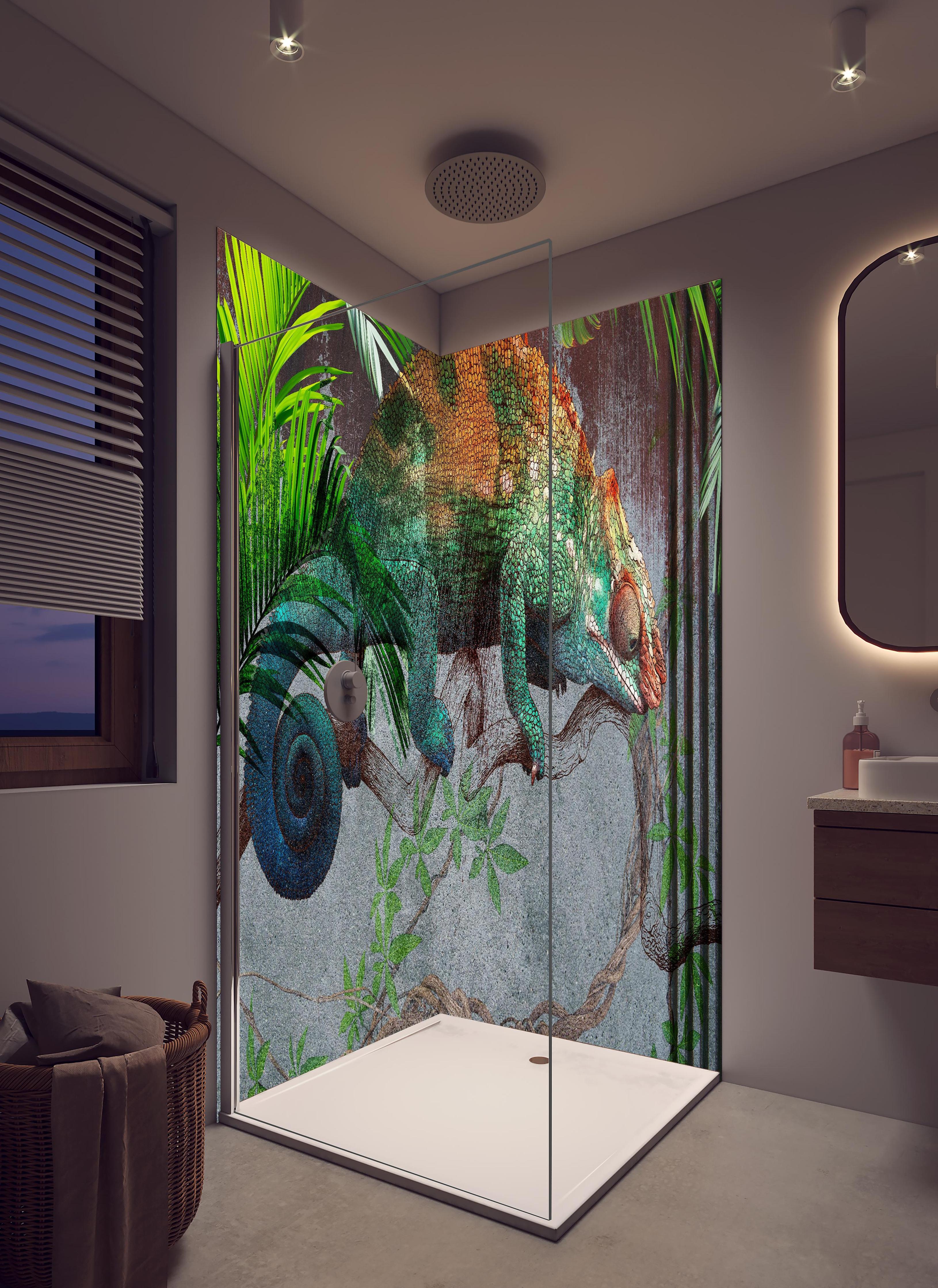 Duschrückwand - Wunderschöner Chamäleon in hellem Badezimmer mit Regenduschkopf - zweiteilige Eck-Duschrückwand