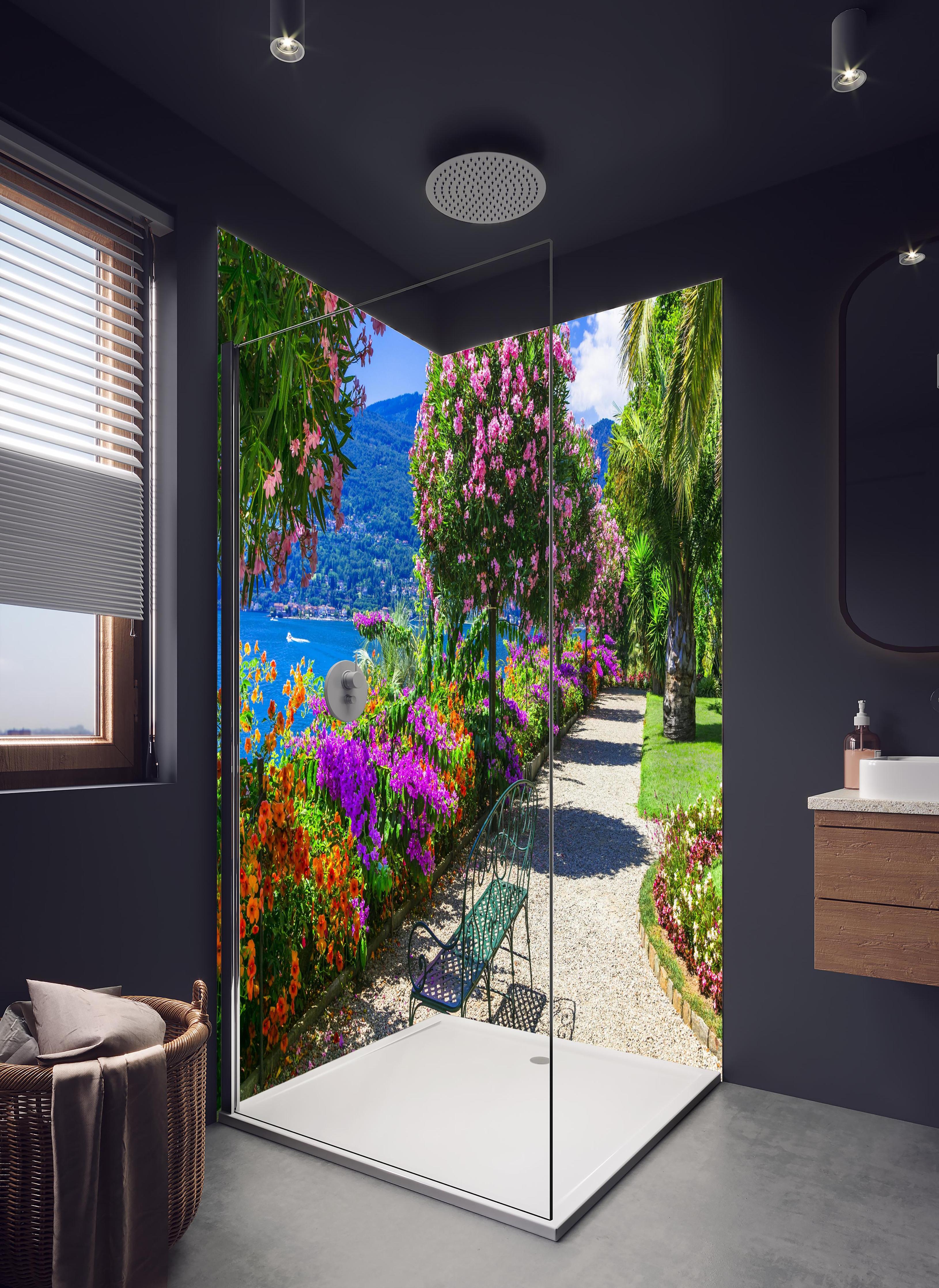 Duschrückwand - Wunderschöner Garten in Lago Maggiore in hellem Badezimmer mit Regenduschkopf - zweiteilige Eck-Duschrückwand