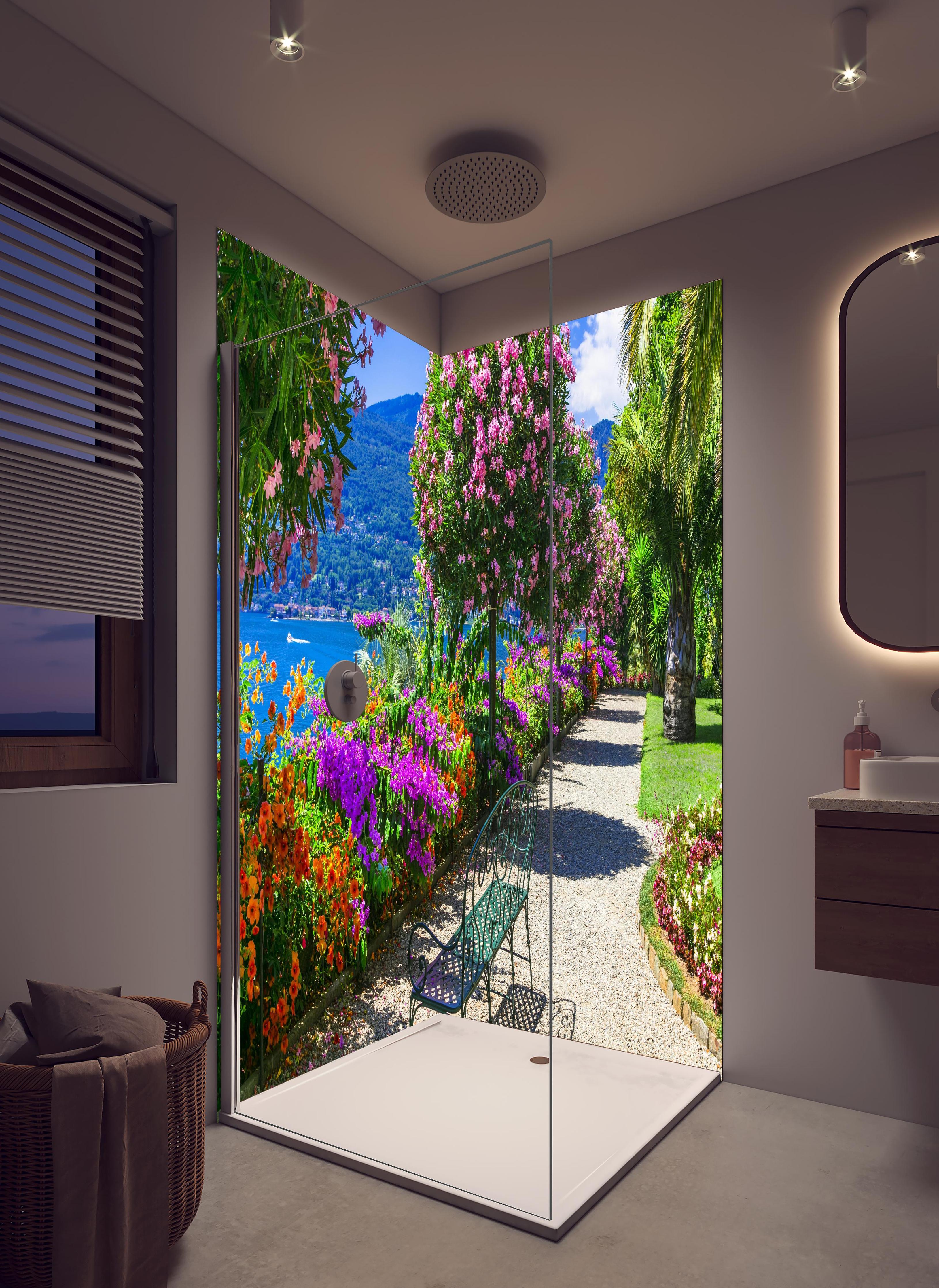 Duschrückwand - Wunderschöner Garten in Lago Maggiore in hellem Badezimmer mit Regenduschkopf - zweiteilige Eck-Duschrückwand