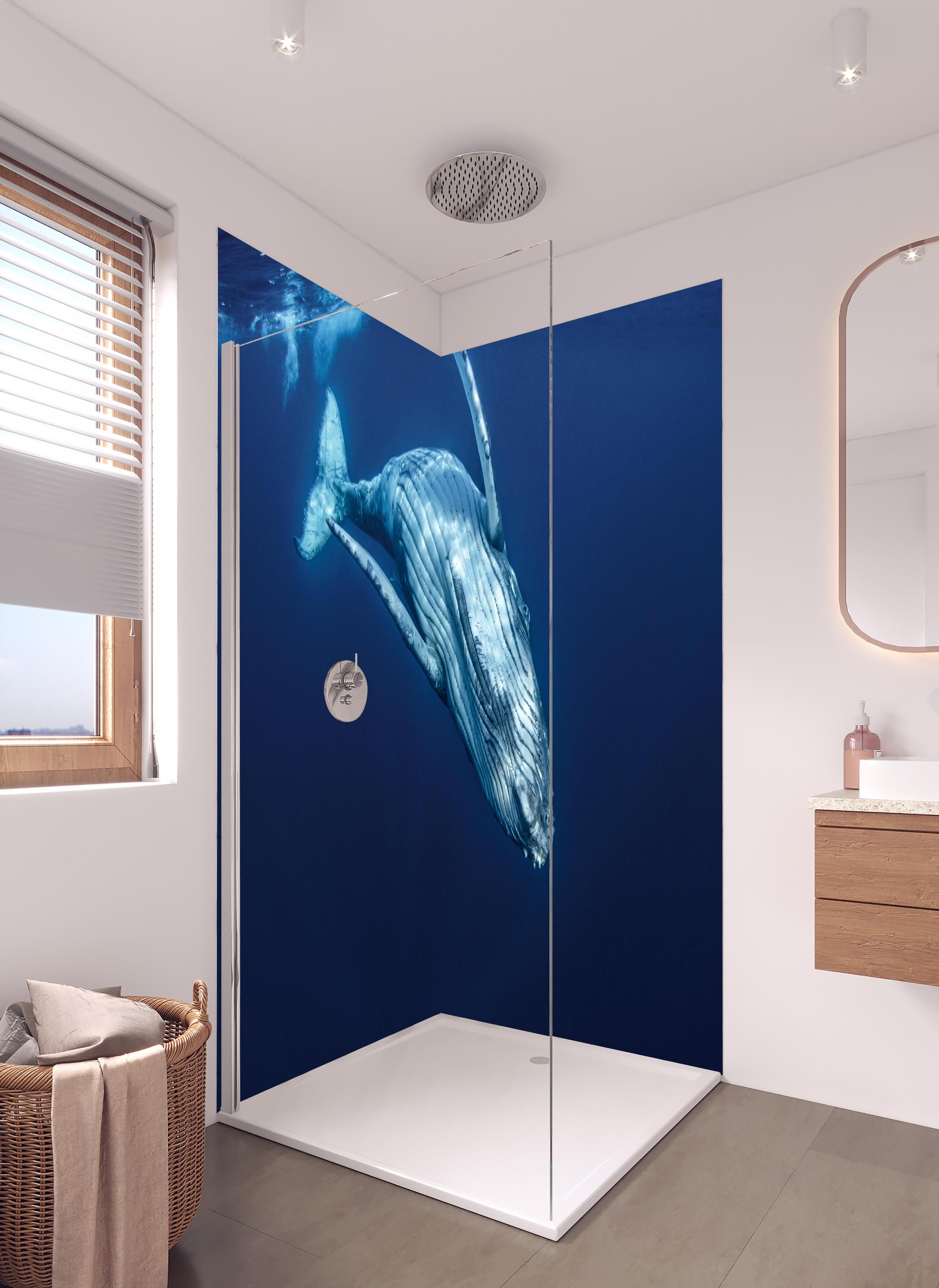 Duschrückwand - Wunderschönes Buckelwalbaby in hellem Badezimmer mit Regenduschkopf - zweiteilige Eck-Duschrückwand