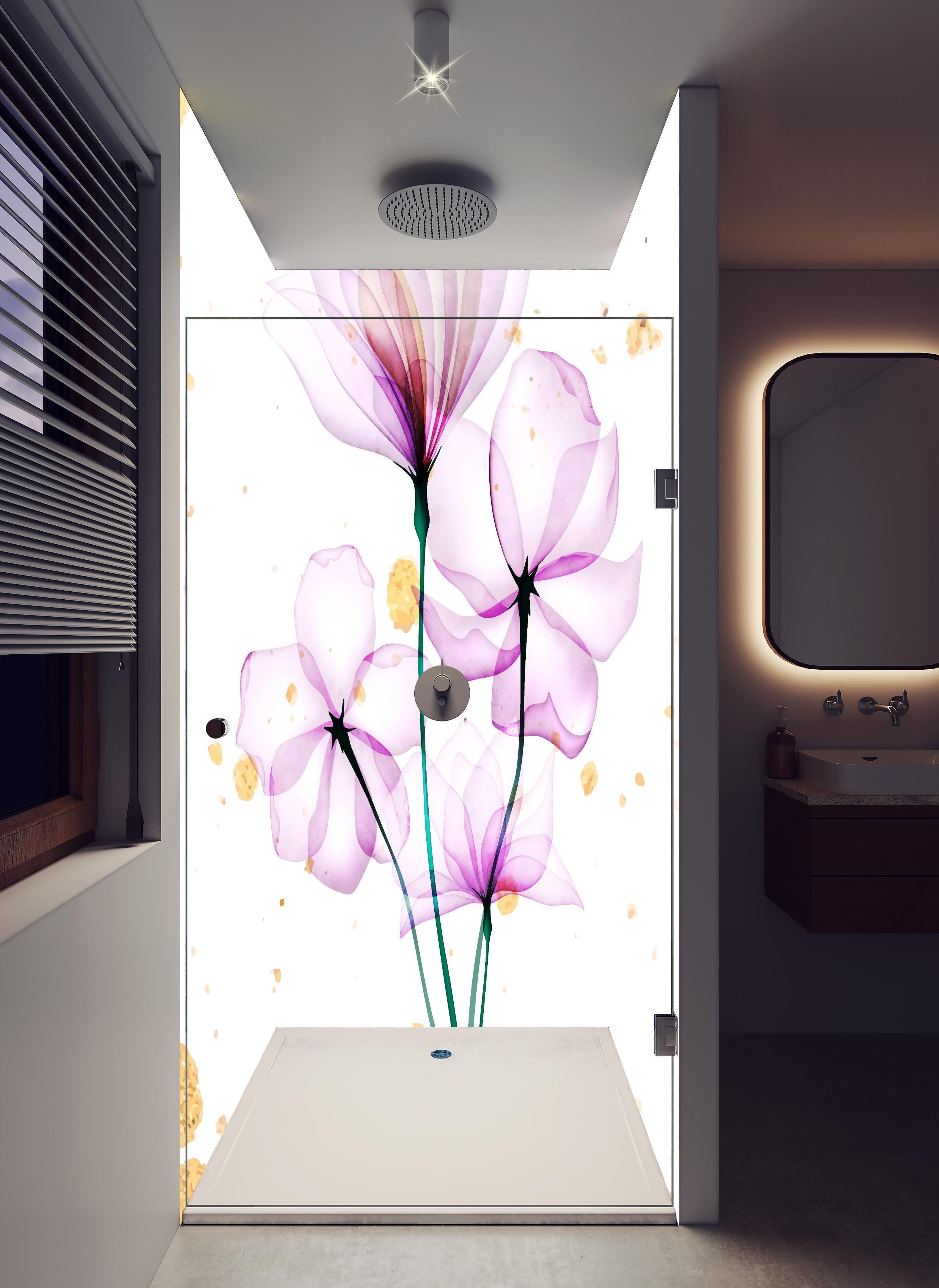 Duschrückwand - Zarte Blüten Aquarell Design Rosa Gold in hellem Badezimmer mit Regenduschkopf - zweiteilige Eck-Duschrückwand