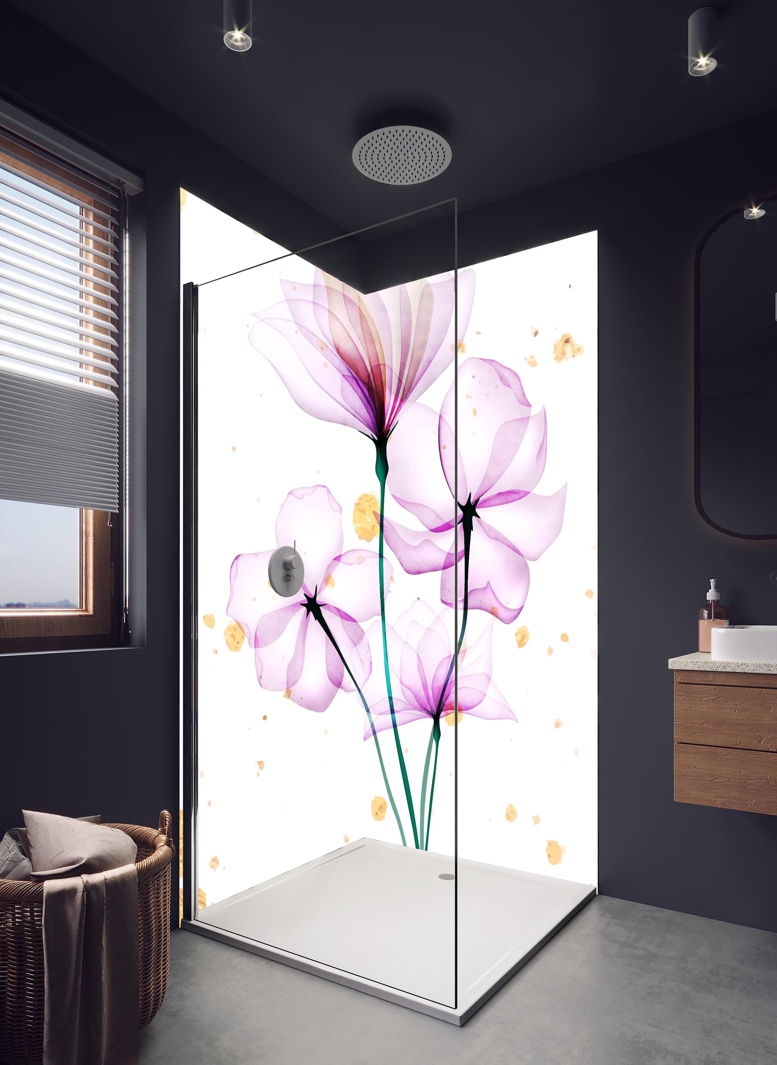 Duschrückwand - Zarte Blüten Aquarell Design Rosa Gold in hellem Badezimmer mit Regenduschkopf - zweiteilige Eck-Duschrückwand