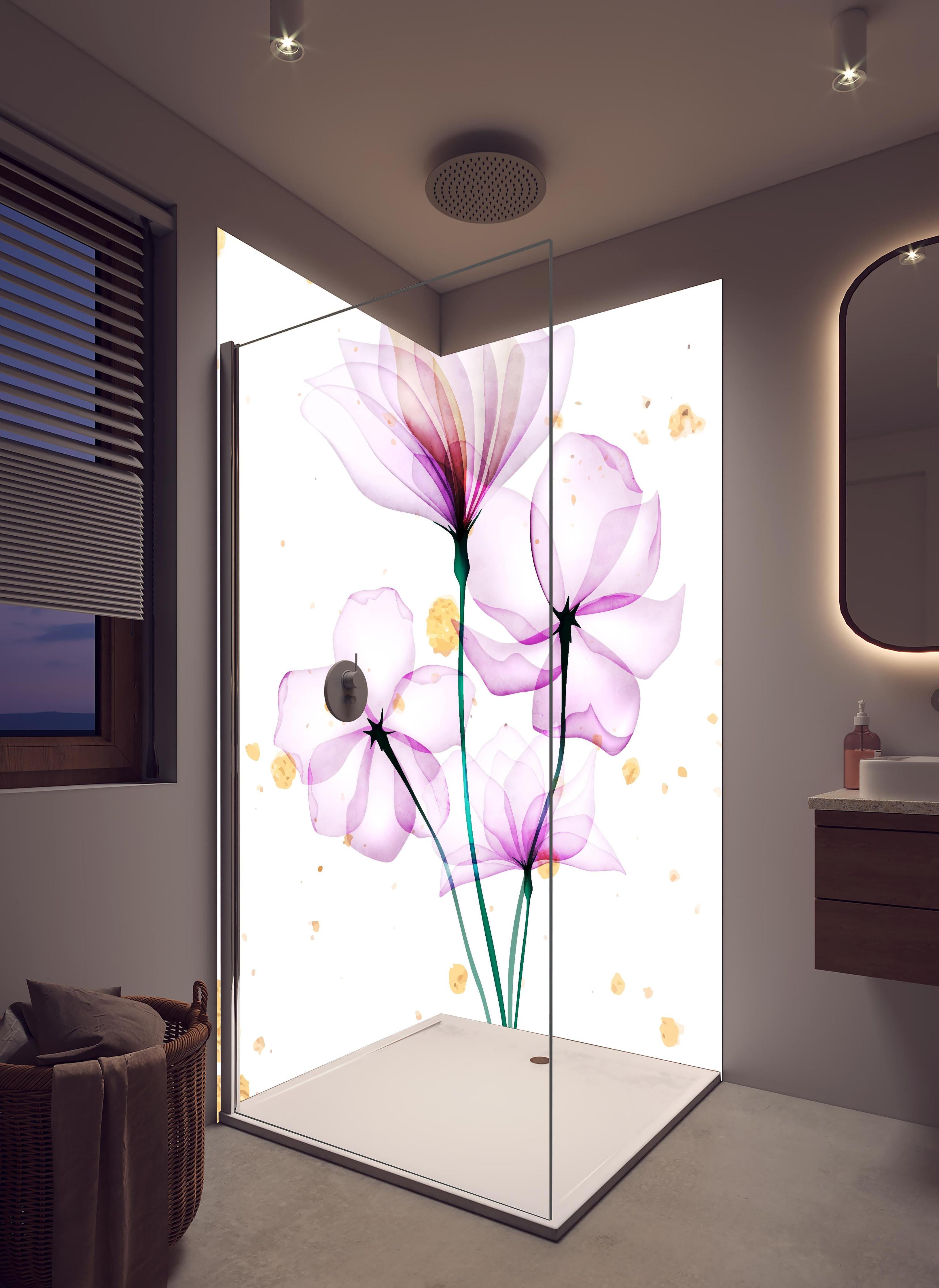 Duschrückwand - Zarte Blüten Aquarell Design Rosa Gold in hellem Badezimmer mit Regenduschkopf - zweiteilige Eck-Duschrückwand