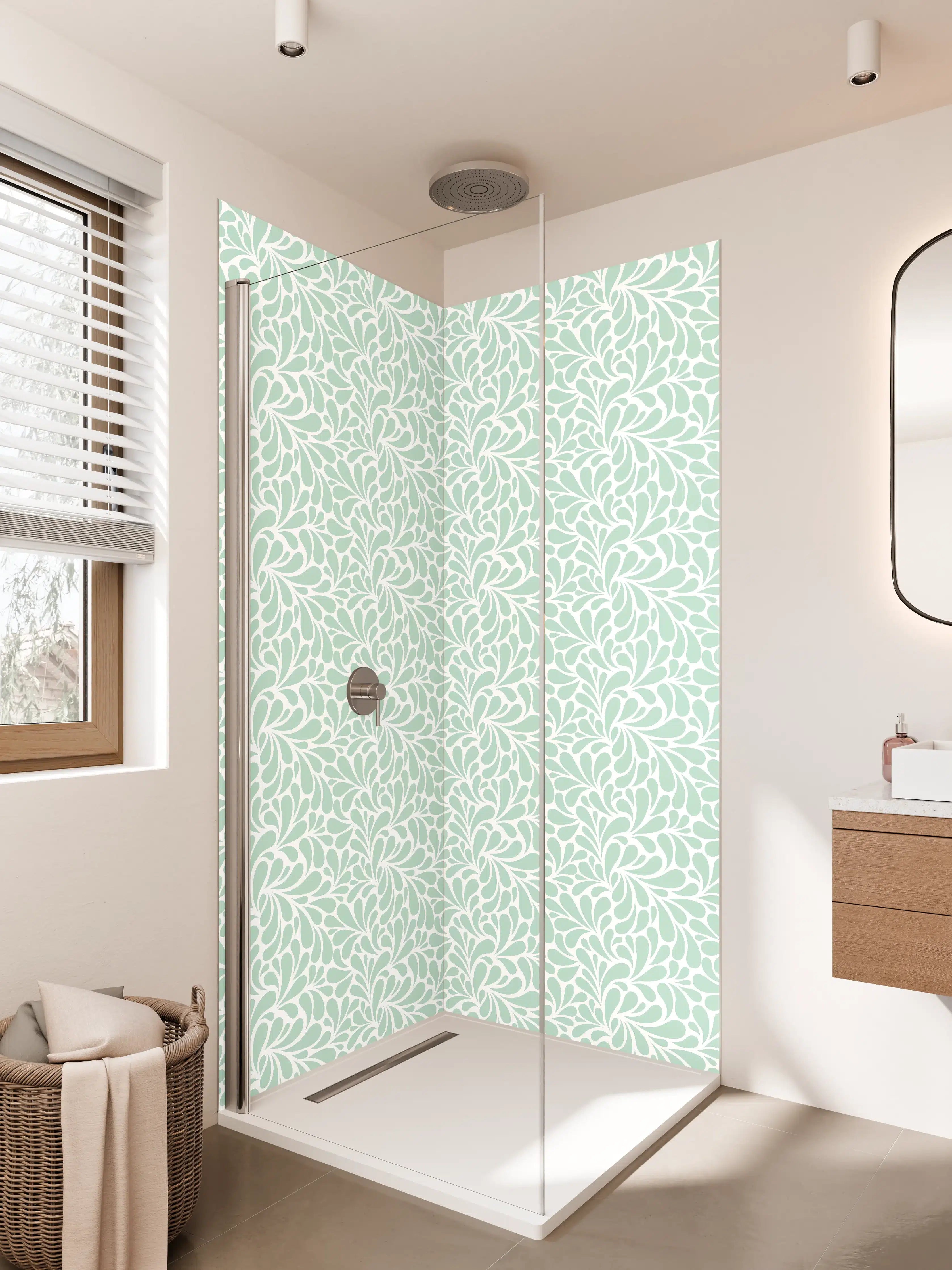 Duschrückwand - Zarte Minzgrün-Weiß-Blumenmuster