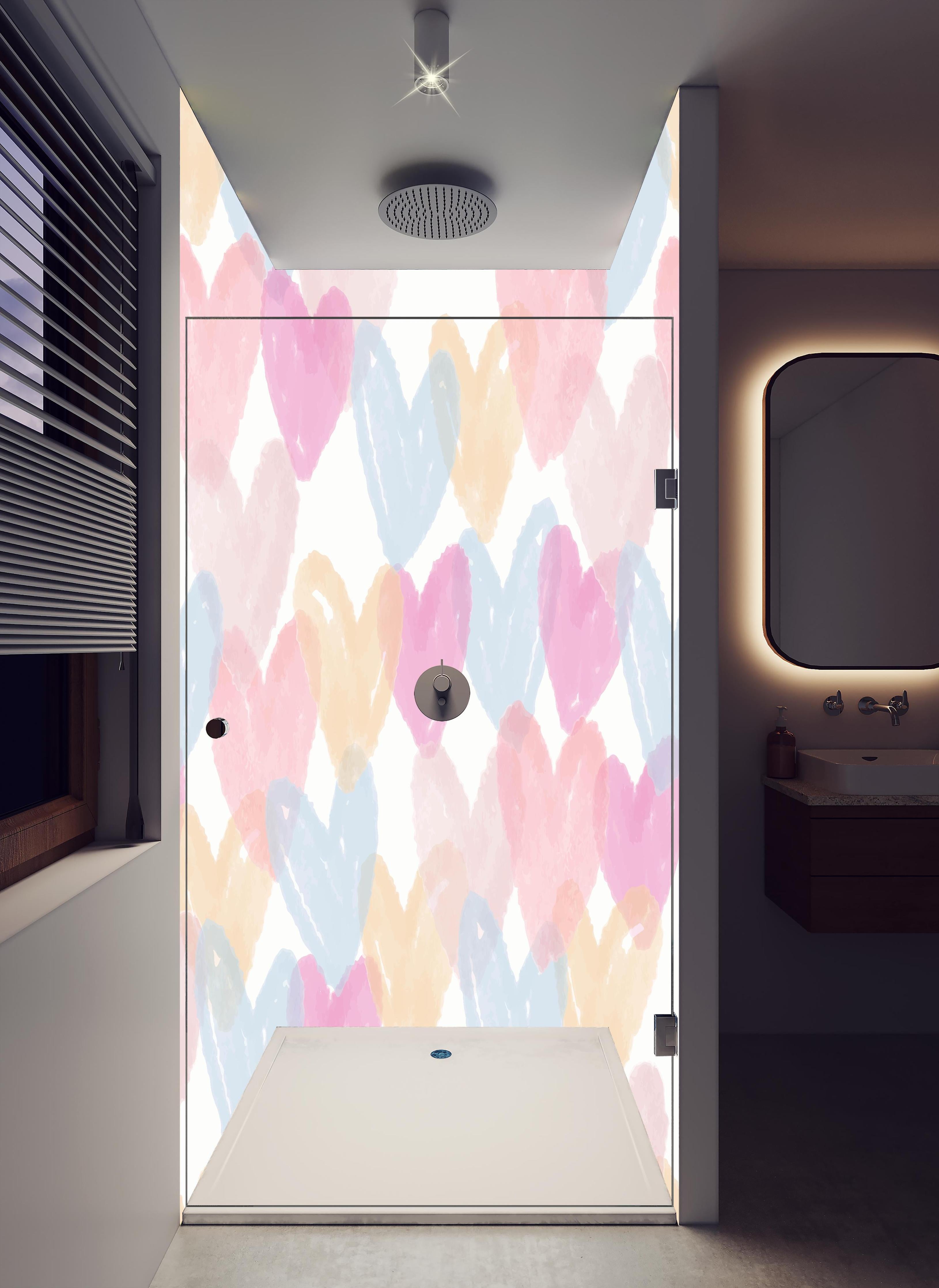Duschrückwand - Zarte Pastellherzen Aquarell Design in hellem Badezimmer mit Regenduschkopf - zweiteilige Eck-Duschrückwand