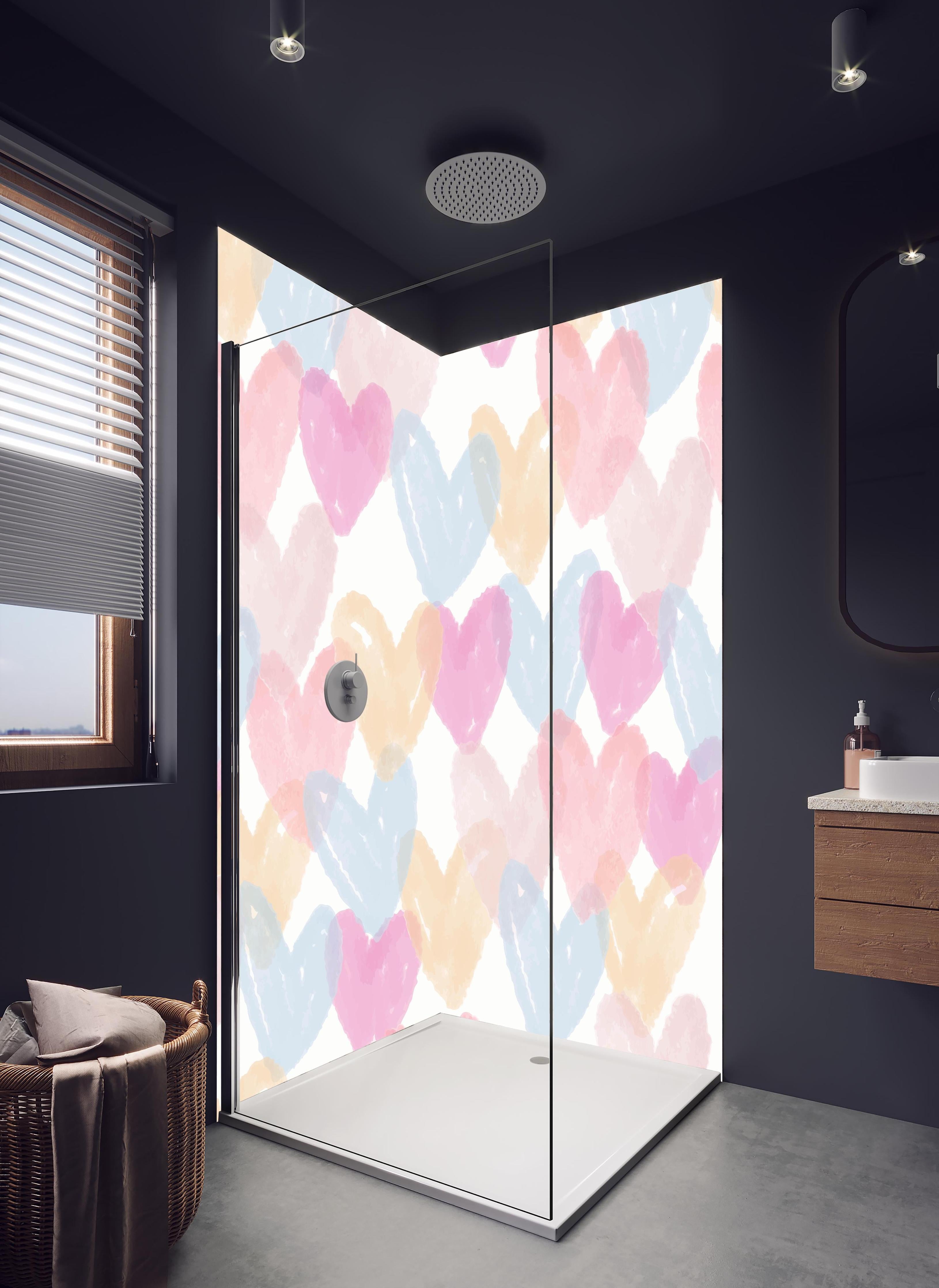 Duschrückwand - Zarte Pastellherzen Aquarell Design in hellem Badezimmer mit Regenduschkopf - zweiteilige Eck-Duschrückwand