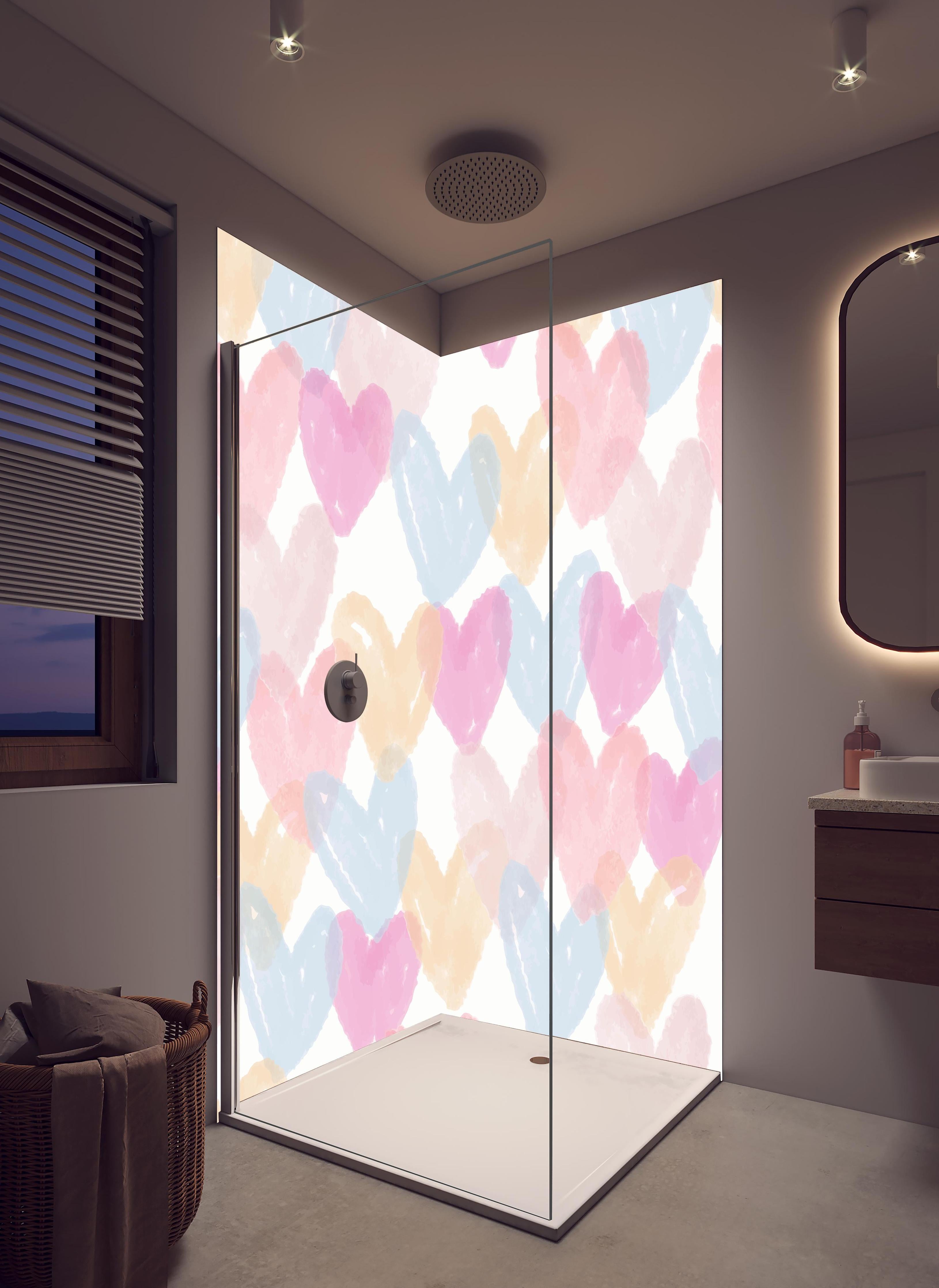 Duschrückwand - Zarte Pastellherzen Aquarell Design in hellem Badezimmer mit Regenduschkopf - zweiteilige Eck-Duschrückwand