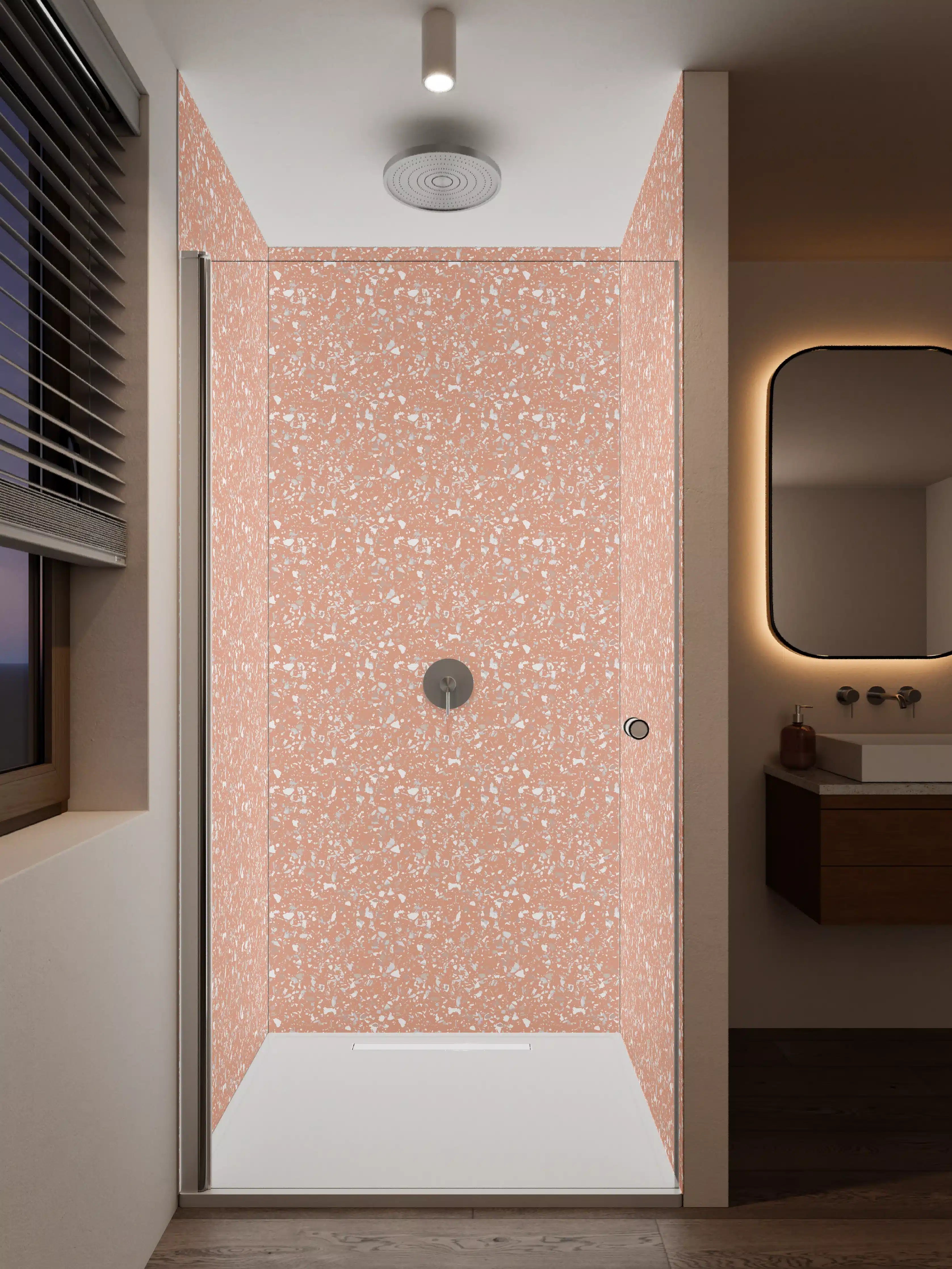 Duschrückwand - Zarte Peach-Farbene Glitzertextur