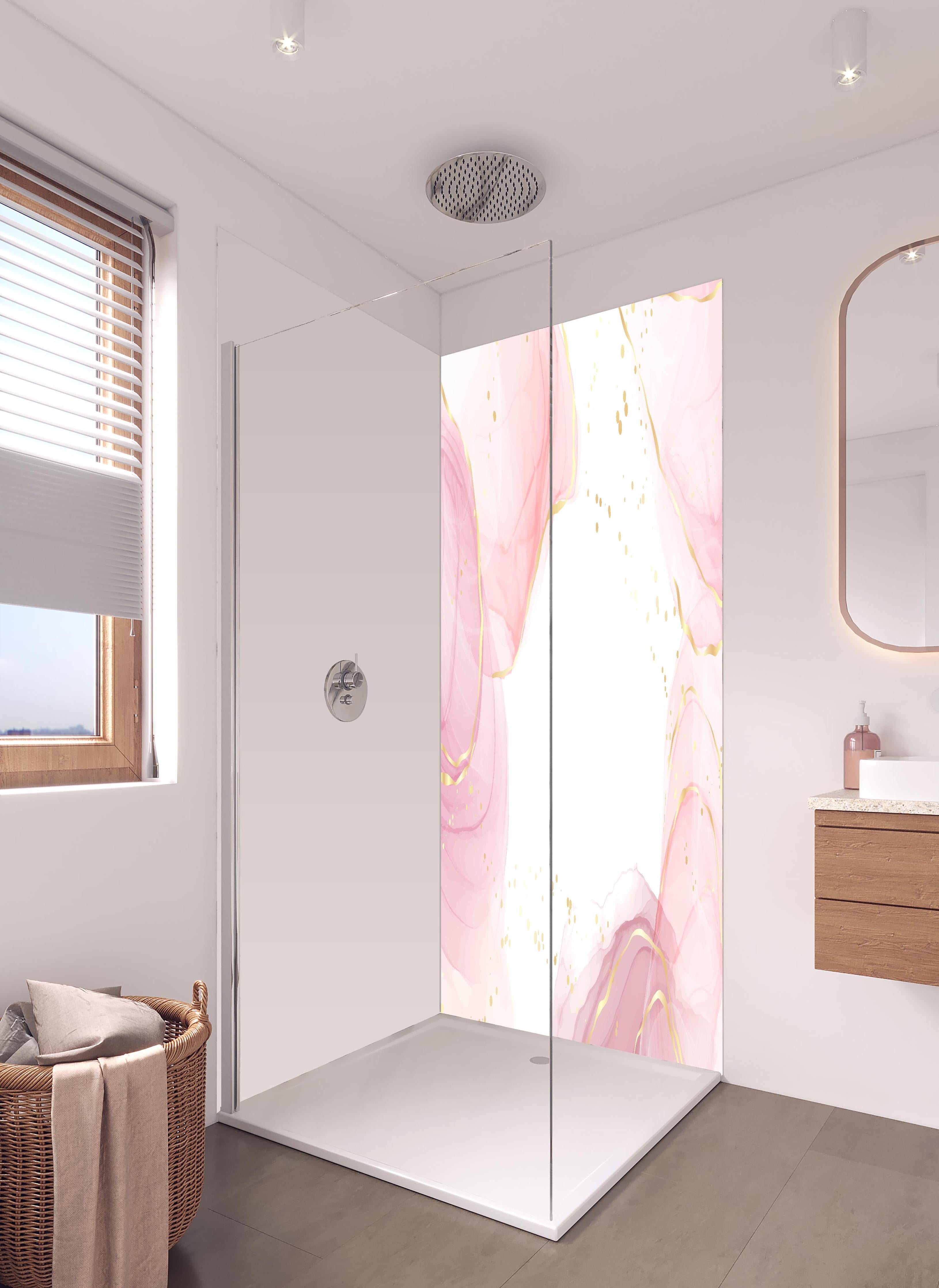 Duschrückwand - Zarte Roséfarbene Abstrakte Komposition in hellem Badezimmer mit Regenduschkopf - zweiteilige Eck-Duschrückwand