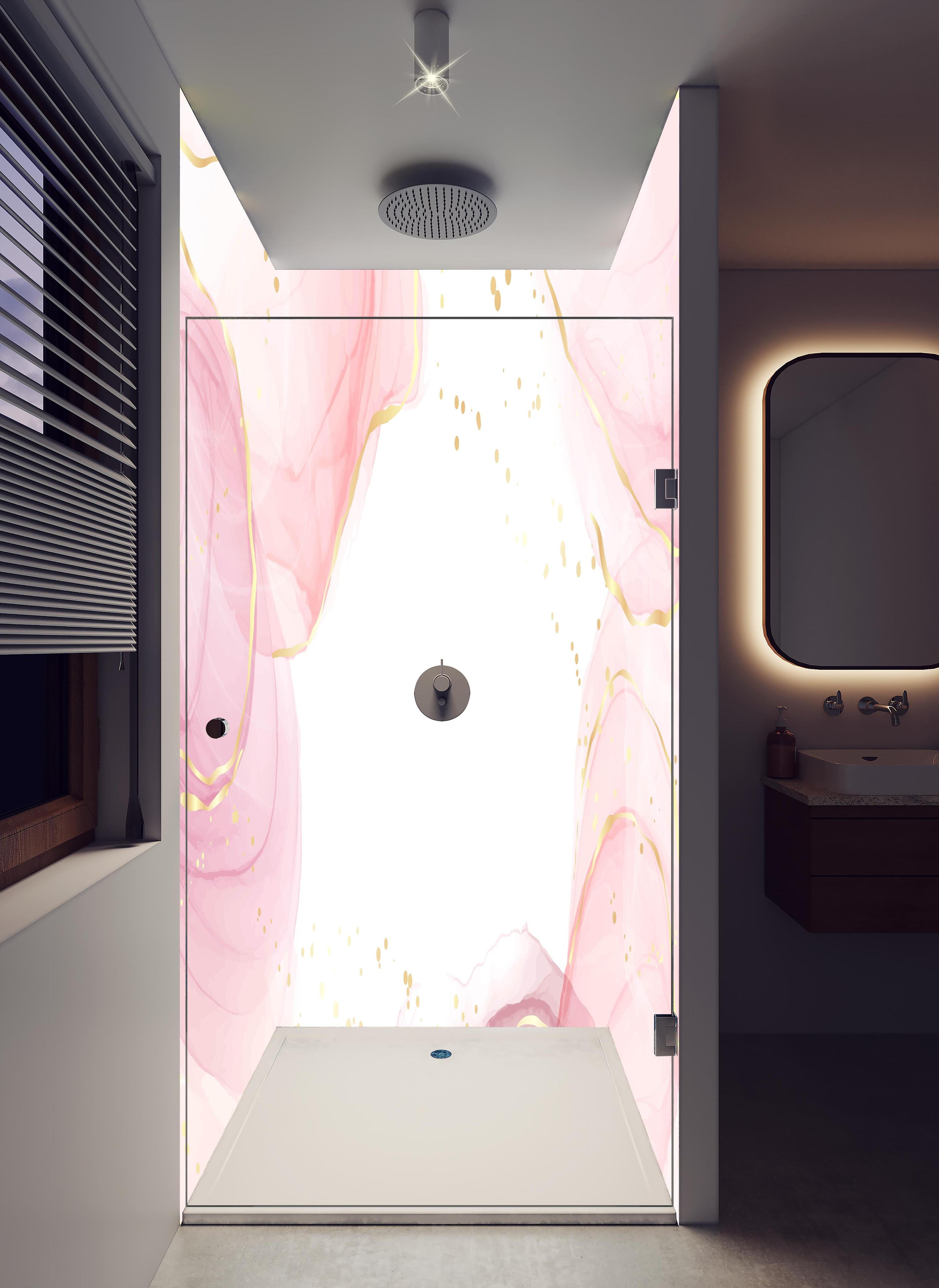 Duschrückwand - Zarte Roséfarbene Abstrakte Komposition in hellem Badezimmer mit Regenduschkopf - zweiteilige Eck-Duschrückwand
