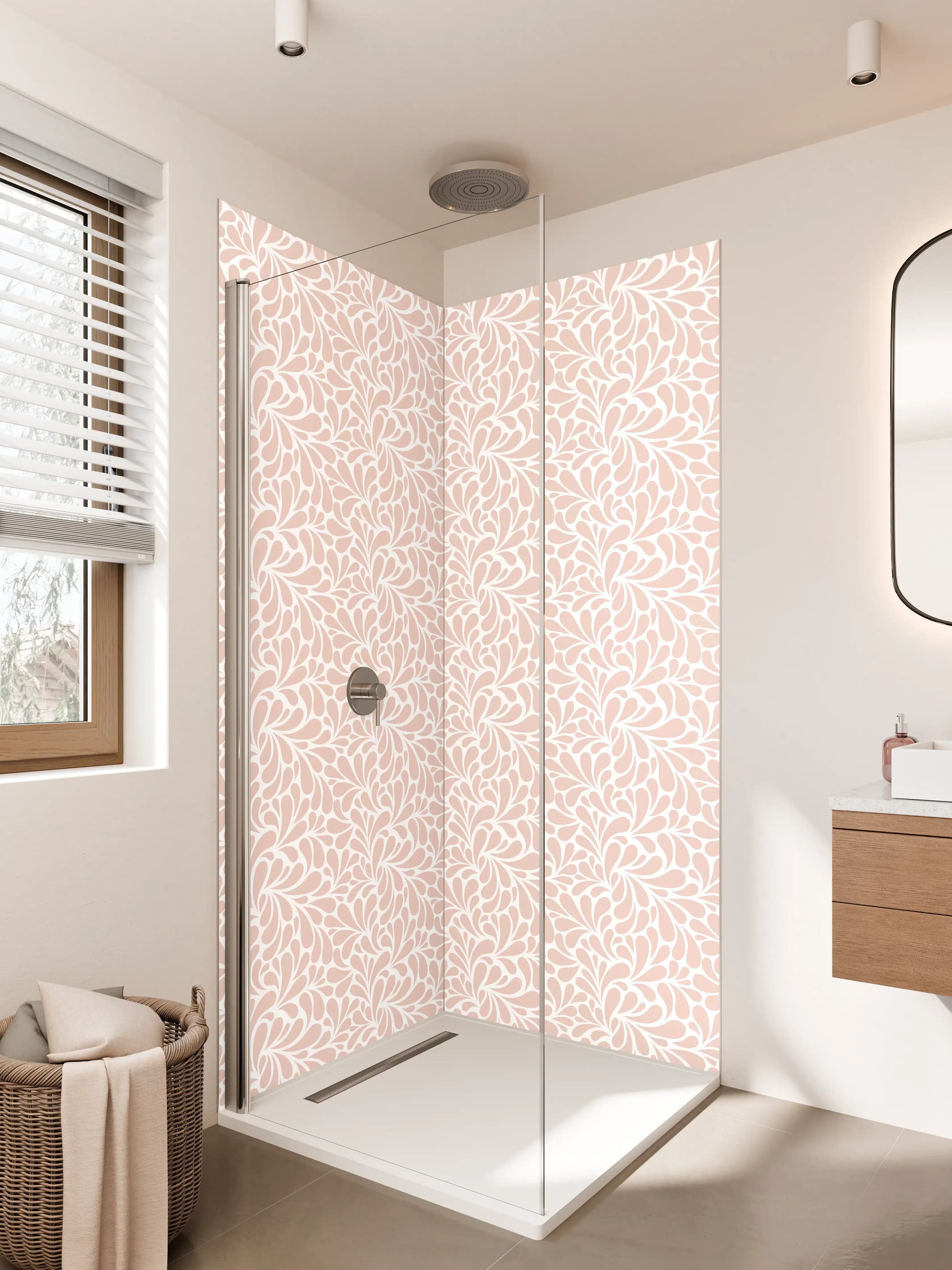 Duschrückwand - Zarte rosa Blättermuster mit weißem Hintergrund