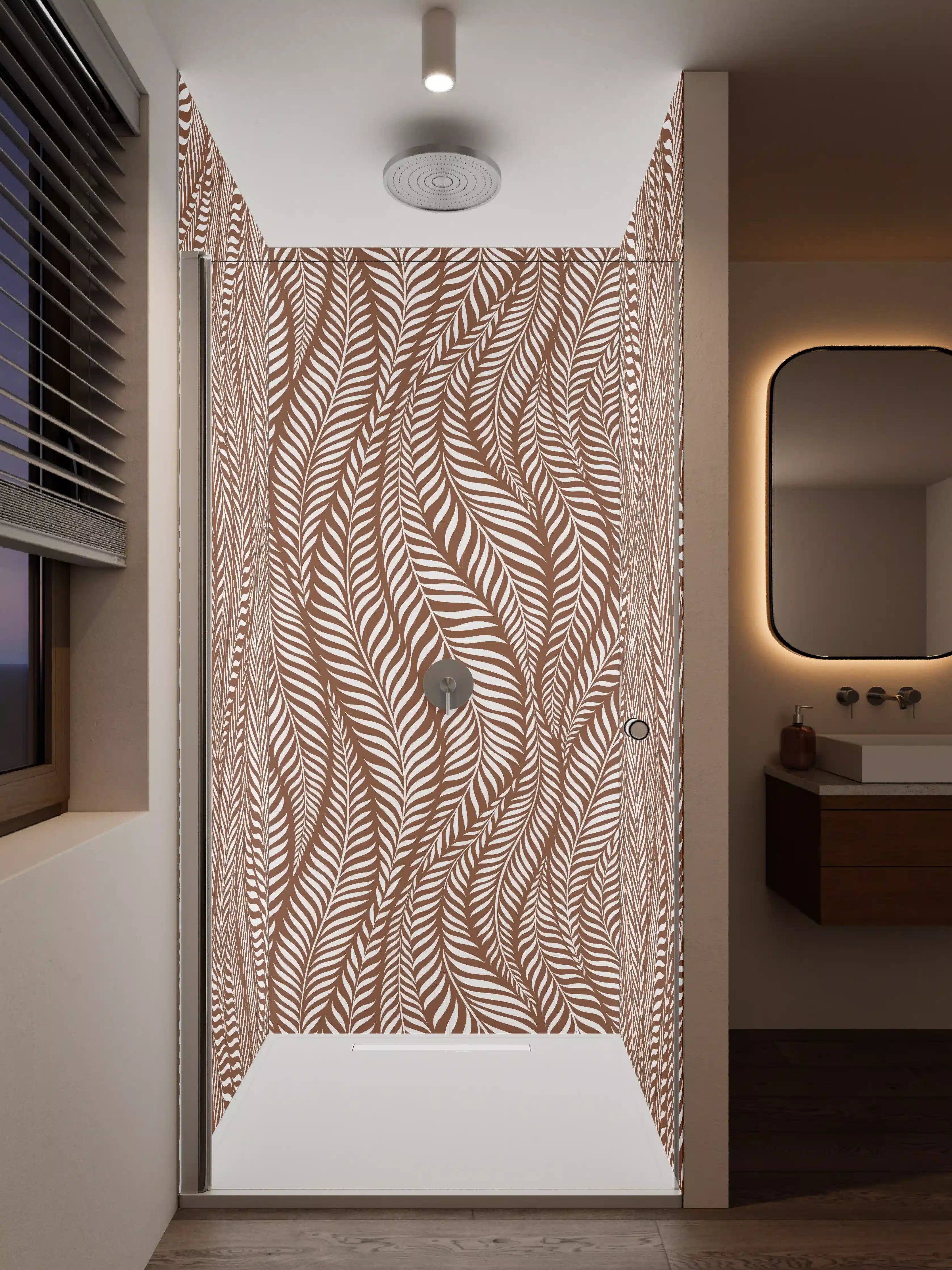 Duschrückwand - Zarte, natürliche Blättermustern in Creme und Braun