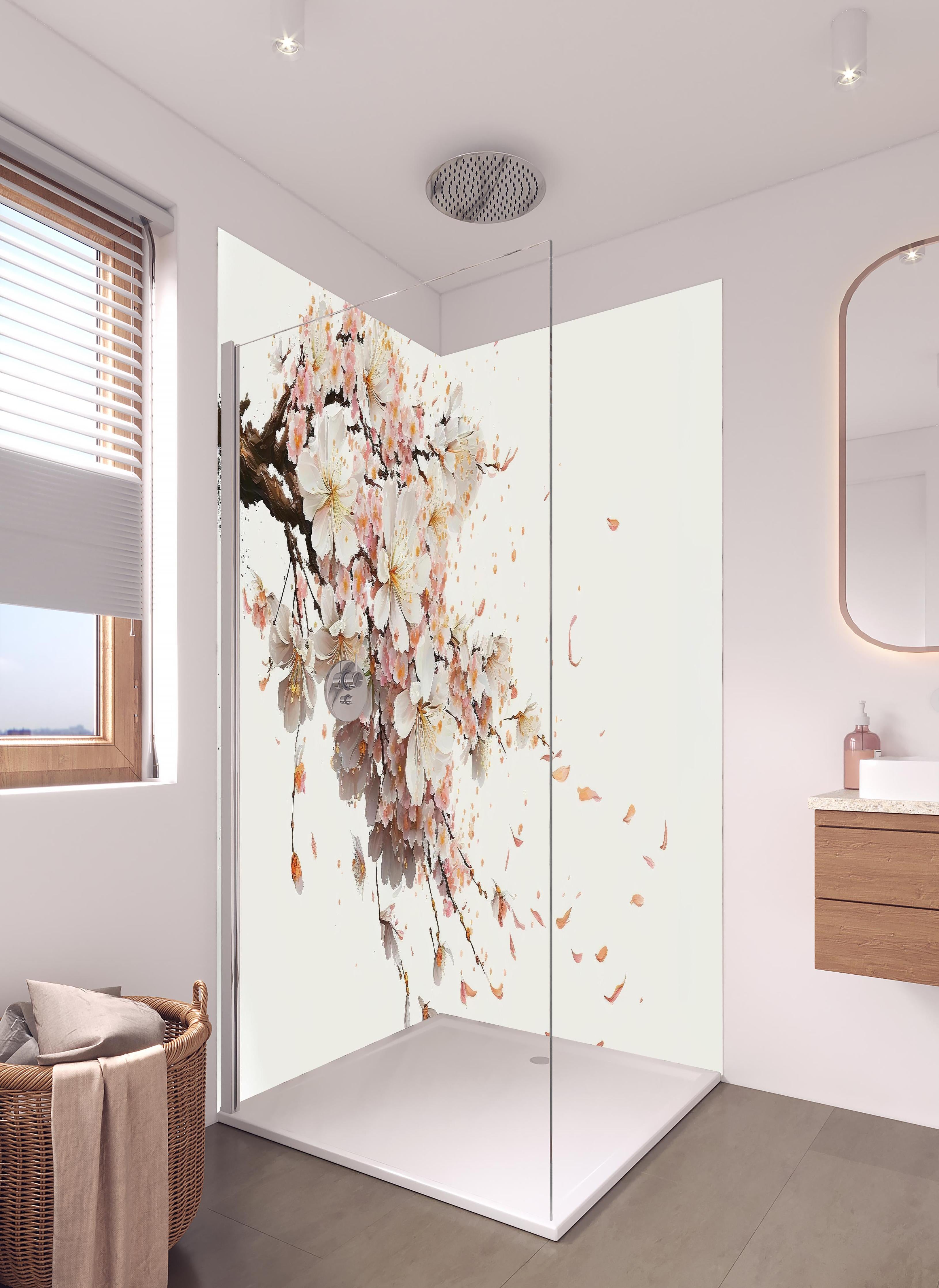 Duschrückwand - Zarter Sakura Zweig mit Blütenfall in hellem Badezimmer mit Regenduschkopf - zweiteilige Eck-Duschrückwand