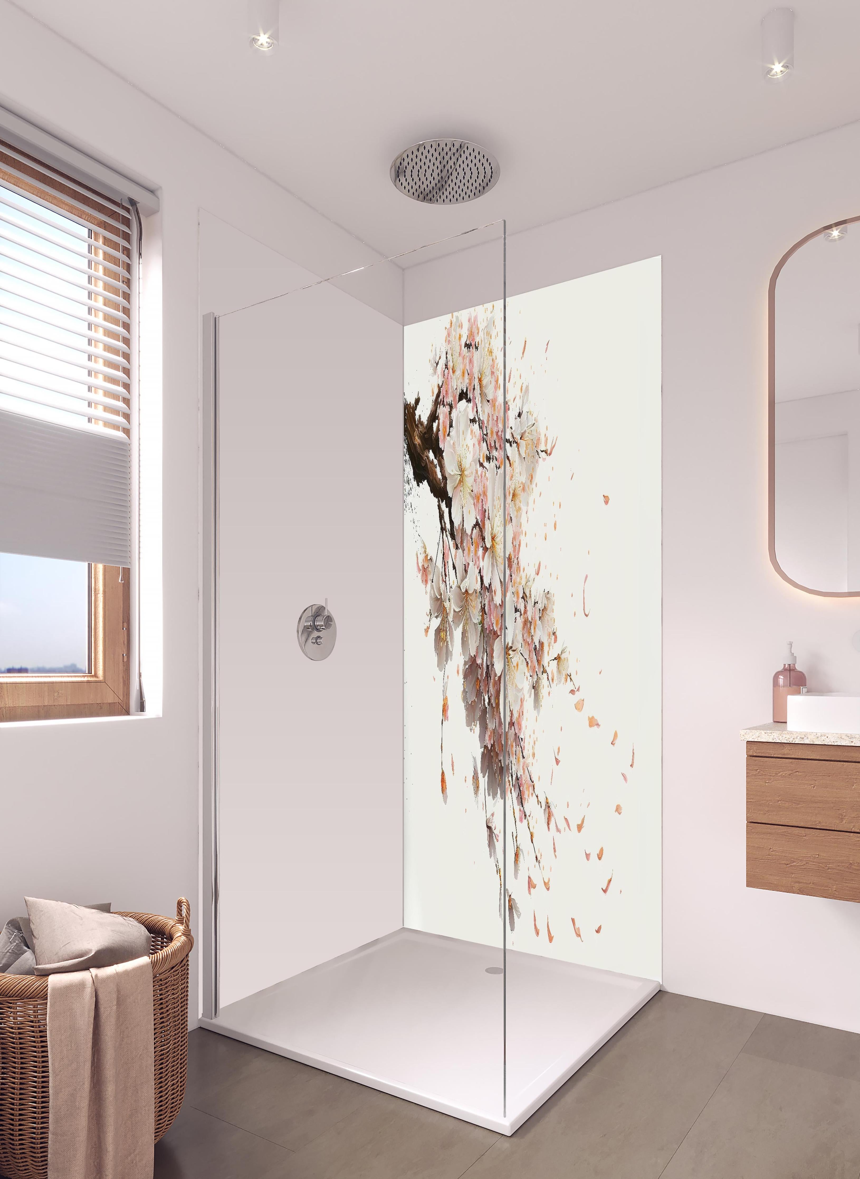 Duschrückwand - Zarter Sakura Zweig mit Blütenfall in hellem Badezimmer mit Regenduschkopf - zweiteilige Eck-Duschrückwand