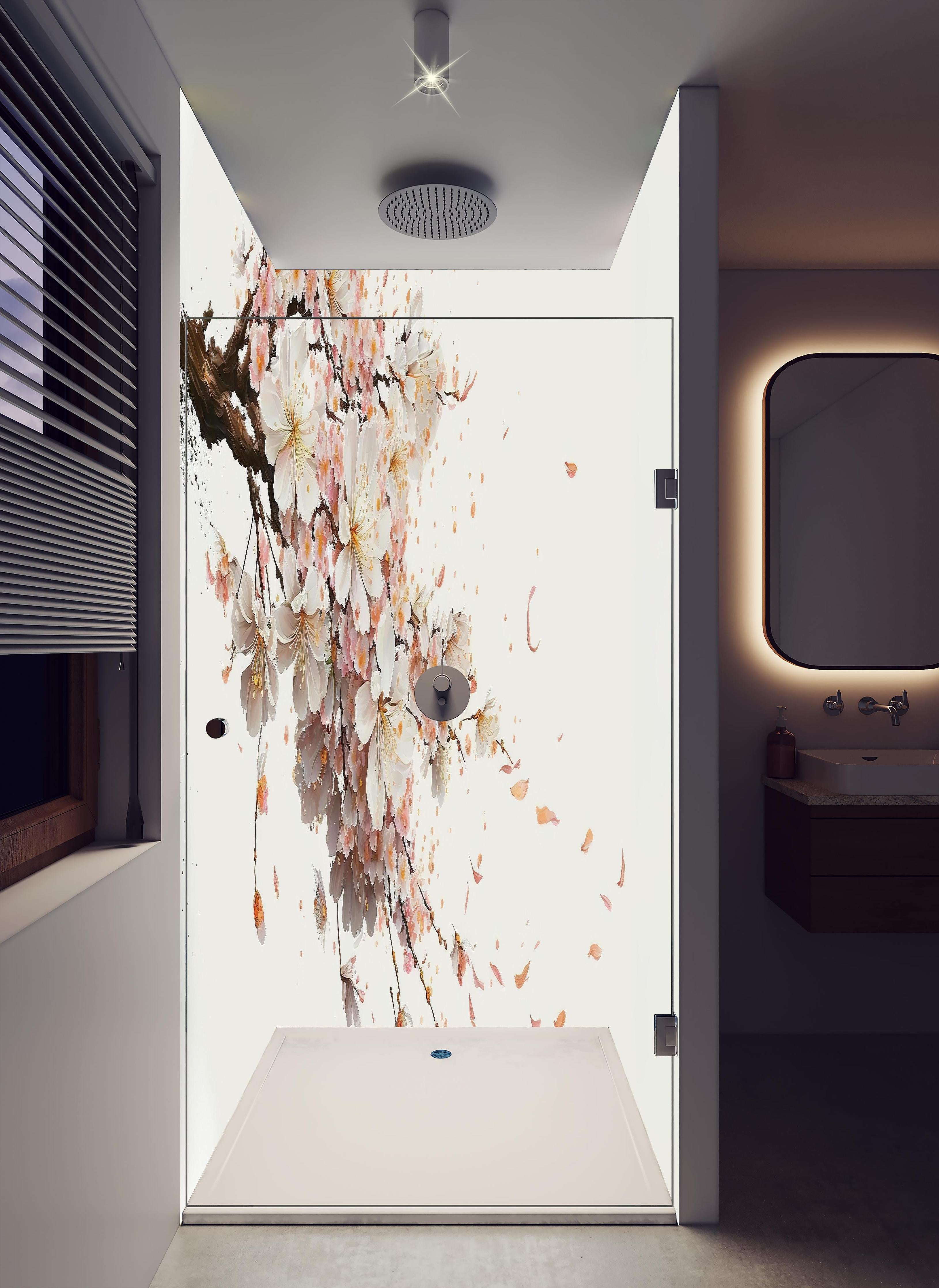 Duschrückwand - Zarter Sakura Zweig mit Blütenfall in hellem Badezimmer mit Regenduschkopf - zweiteilige Eck-Duschrückwand