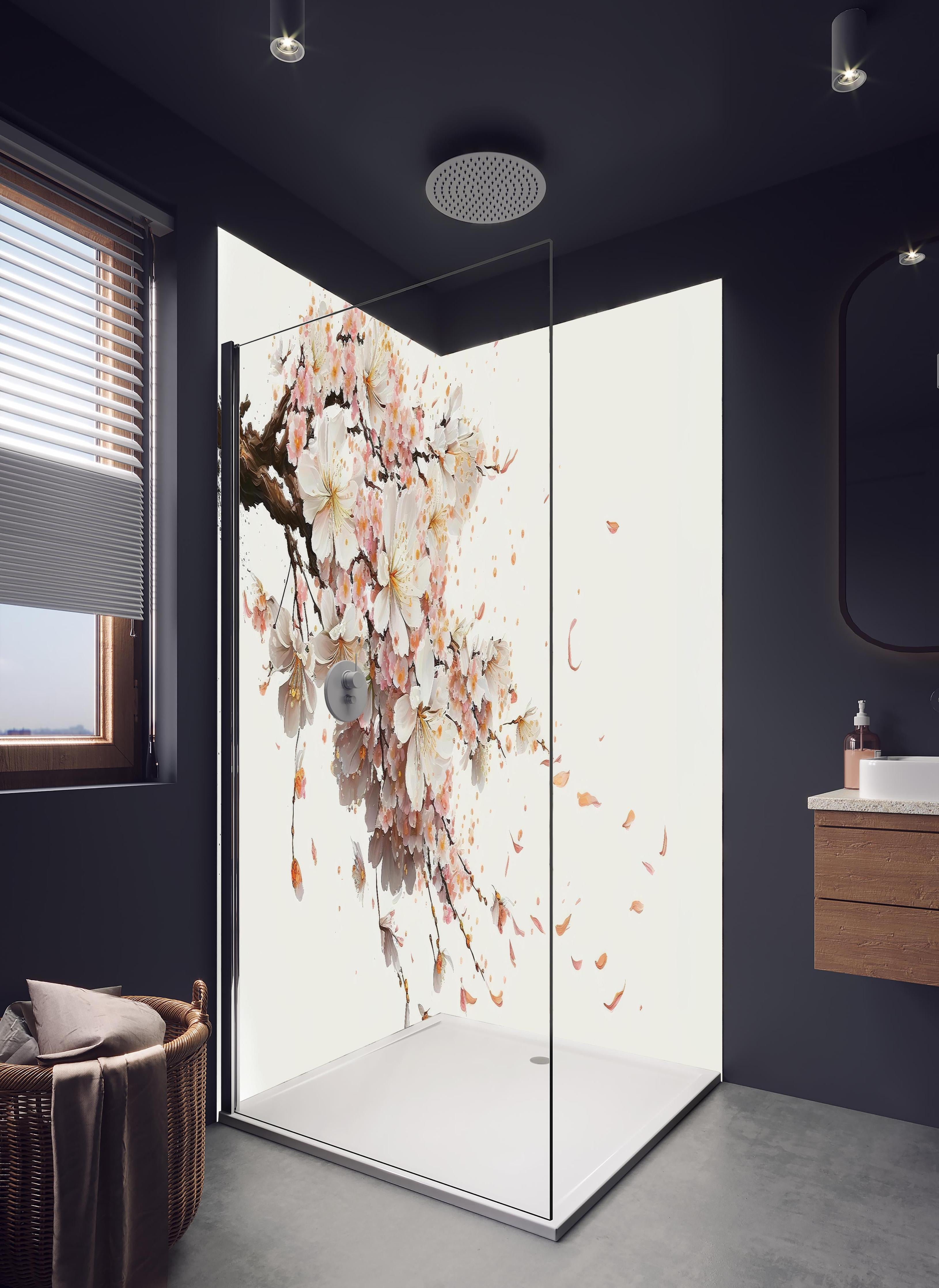Duschrückwand - Zarter Sakura Zweig mit Blütenfall in hellem Badezimmer mit Regenduschkopf - zweiteilige Eck-Duschrückwand