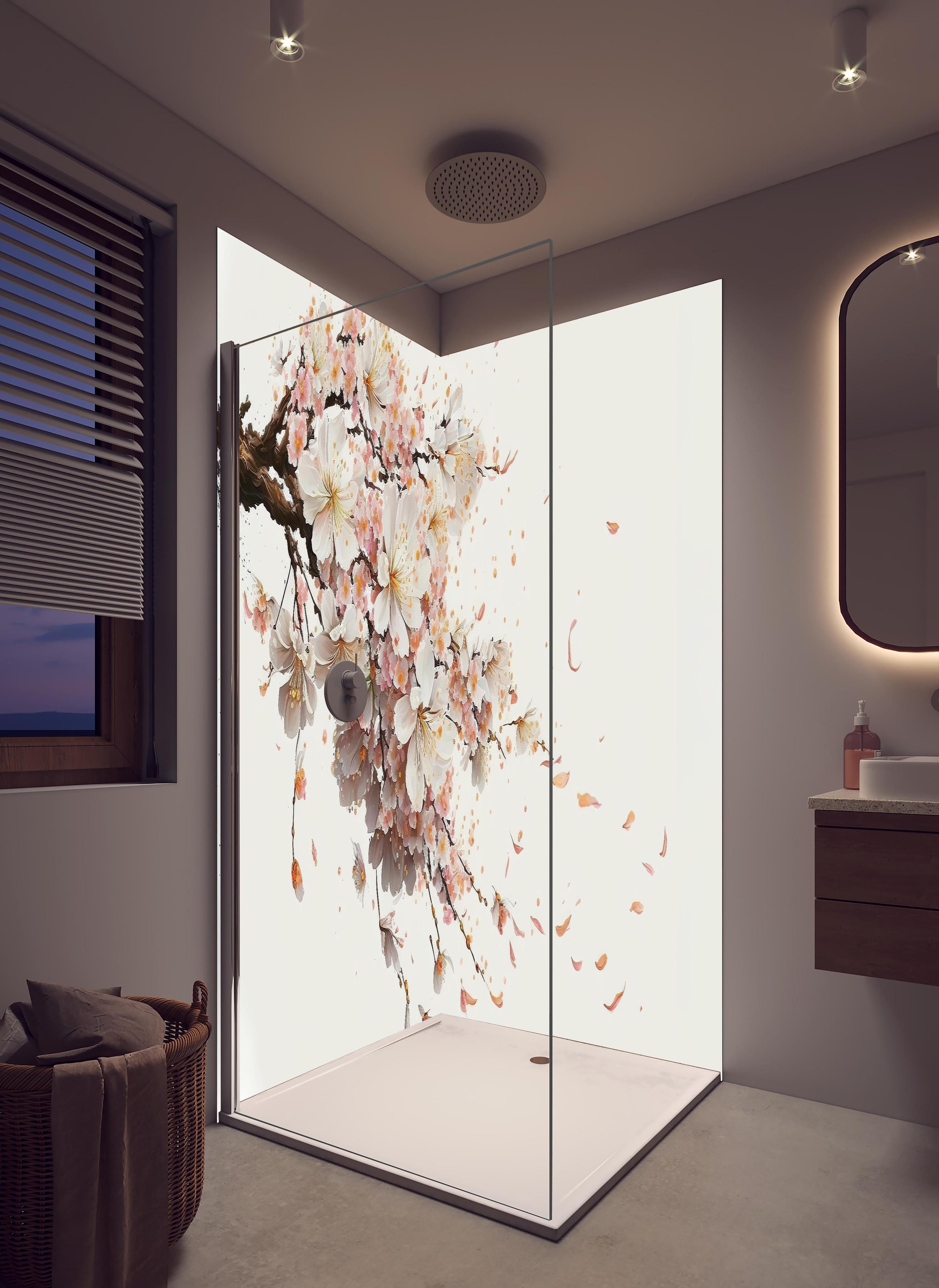 Duschrückwand - Zarter Sakura Zweig mit Blütenfall in hellem Badezimmer mit Regenduschkopf - zweiteilige Eck-Duschrückwand