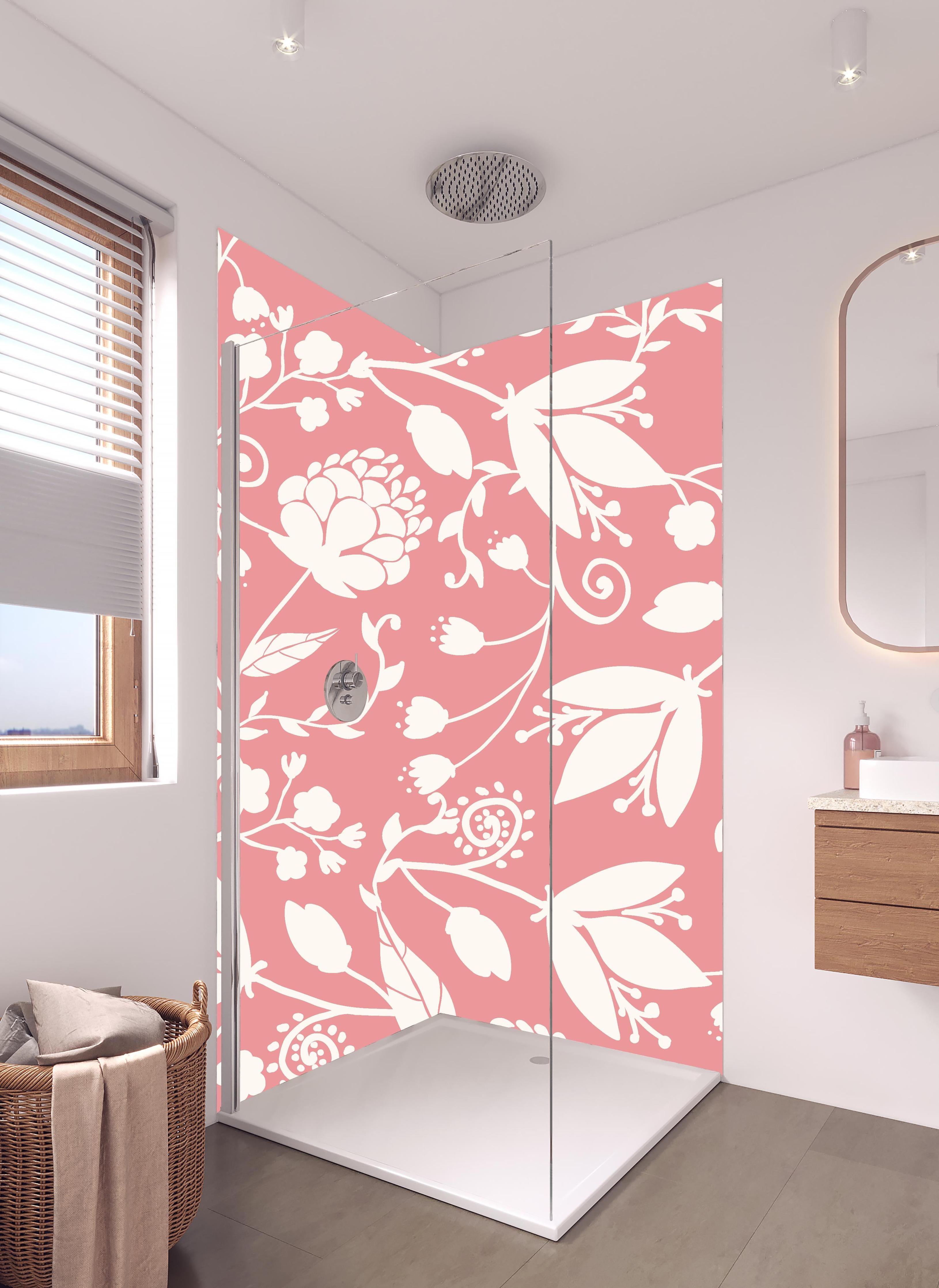 Duschrückwand - Zartes Rosa Blütenmuster für stilvolle Wände in hellem Badezimmer mit Regenduschkopf - zweiteilige Eck-Duschrückwand