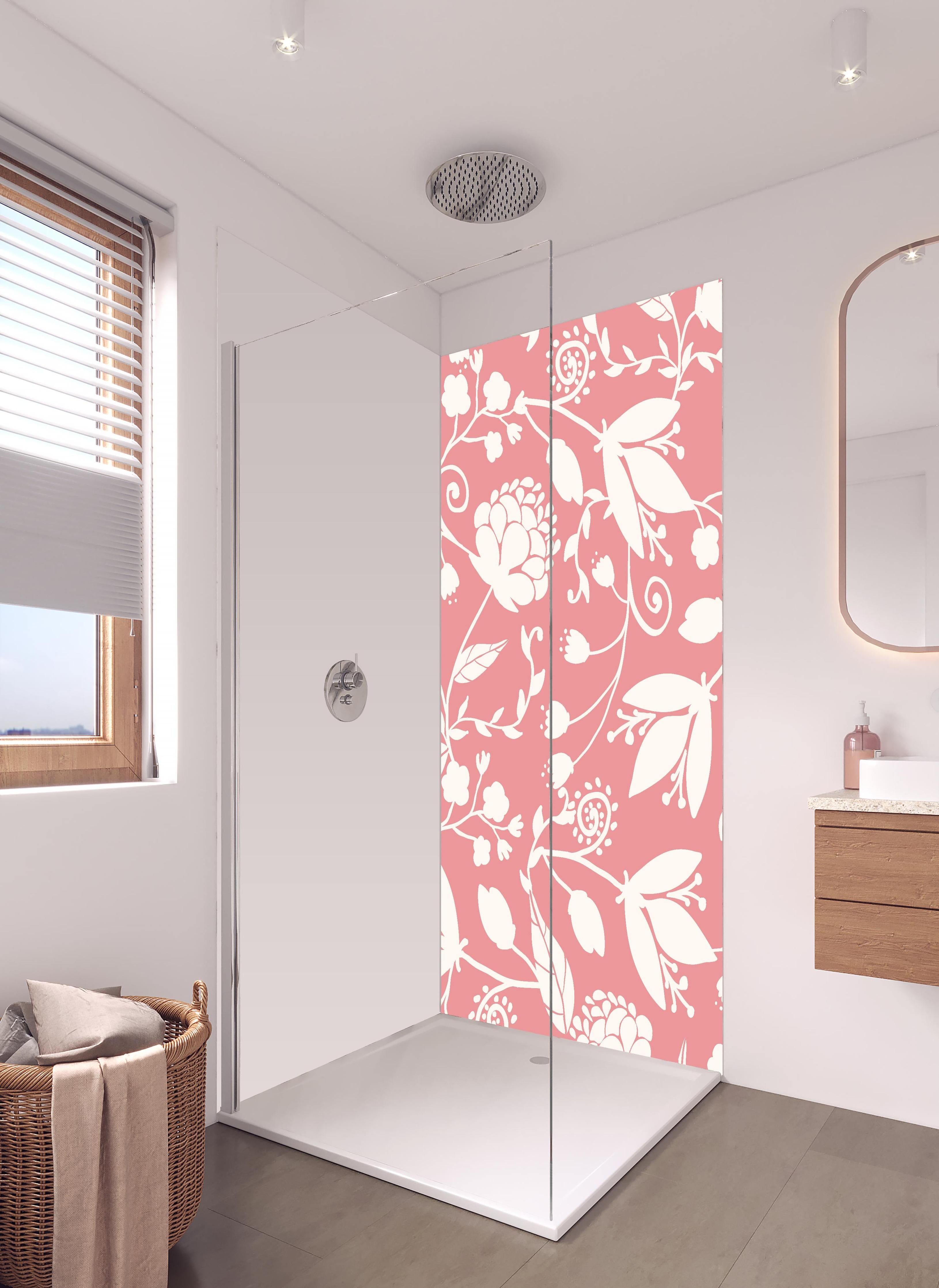 Duschrückwand - Zartes Rosa Blütenmuster für stilvolle Wände in hellem Badezimmer mit Regenduschkopf - zweiteilige Eck-Duschrückwand