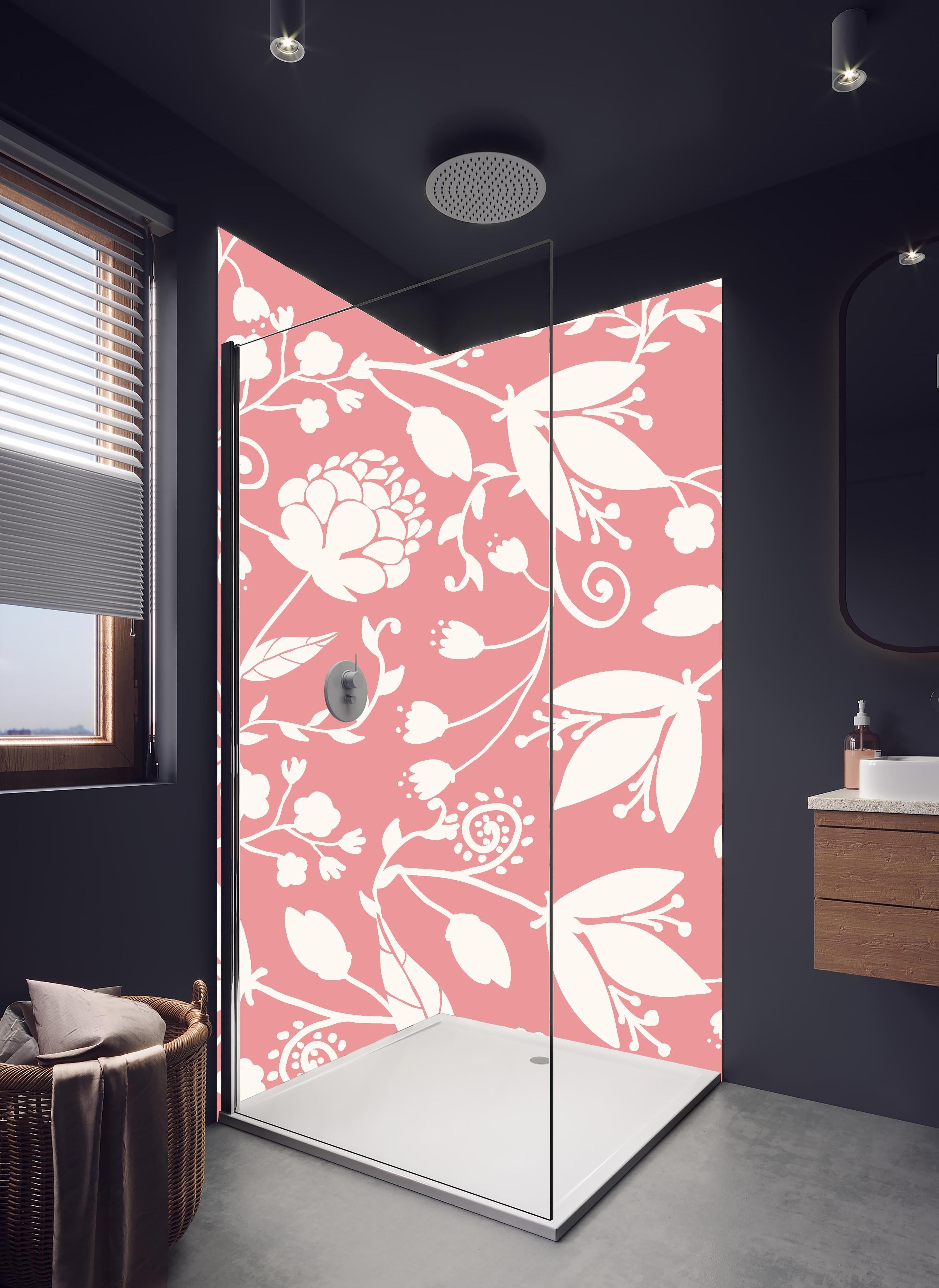 Duschrückwand - Zartes Rosa Blütenmuster für stilvolle Wände in hellem Badezimmer mit Regenduschkopf - zweiteilige Eck-Duschrückwand