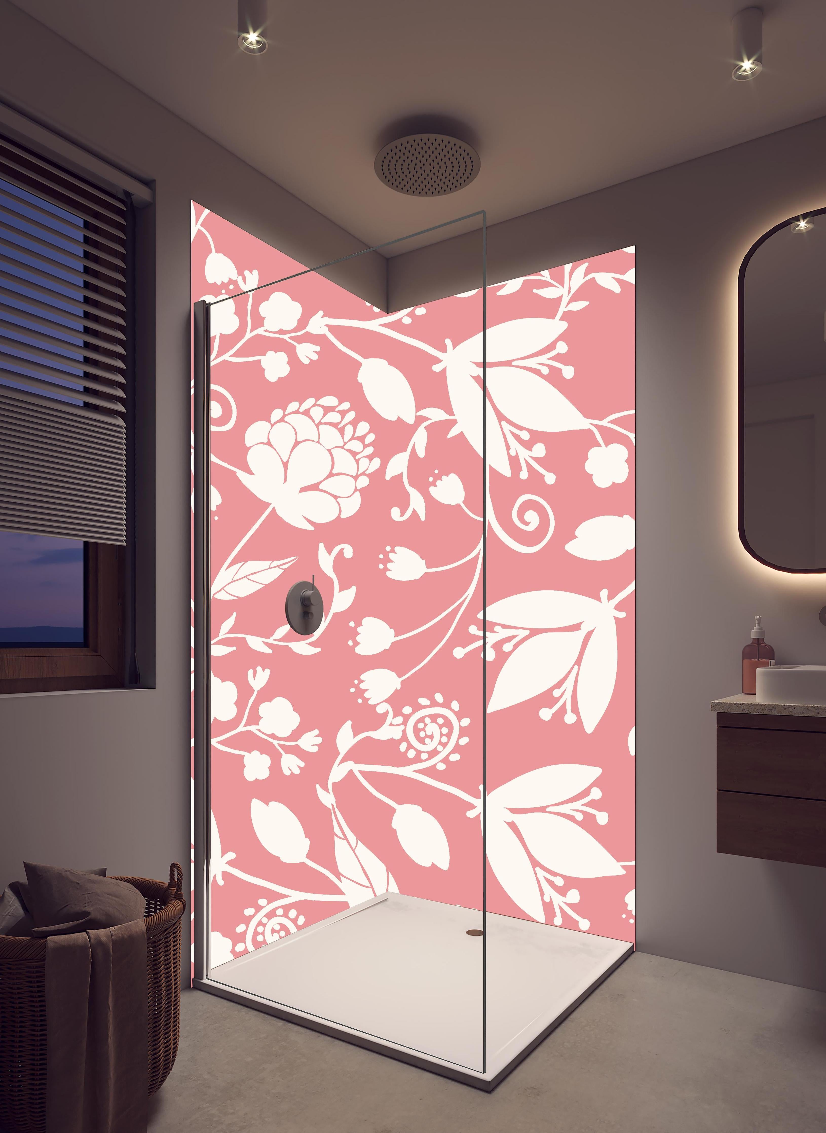 Duschrückwand - Zartes Rosa Blütenmuster für stilvolle Wände in hellem Badezimmer mit Regenduschkopf - zweiteilige Eck-Duschrückwand