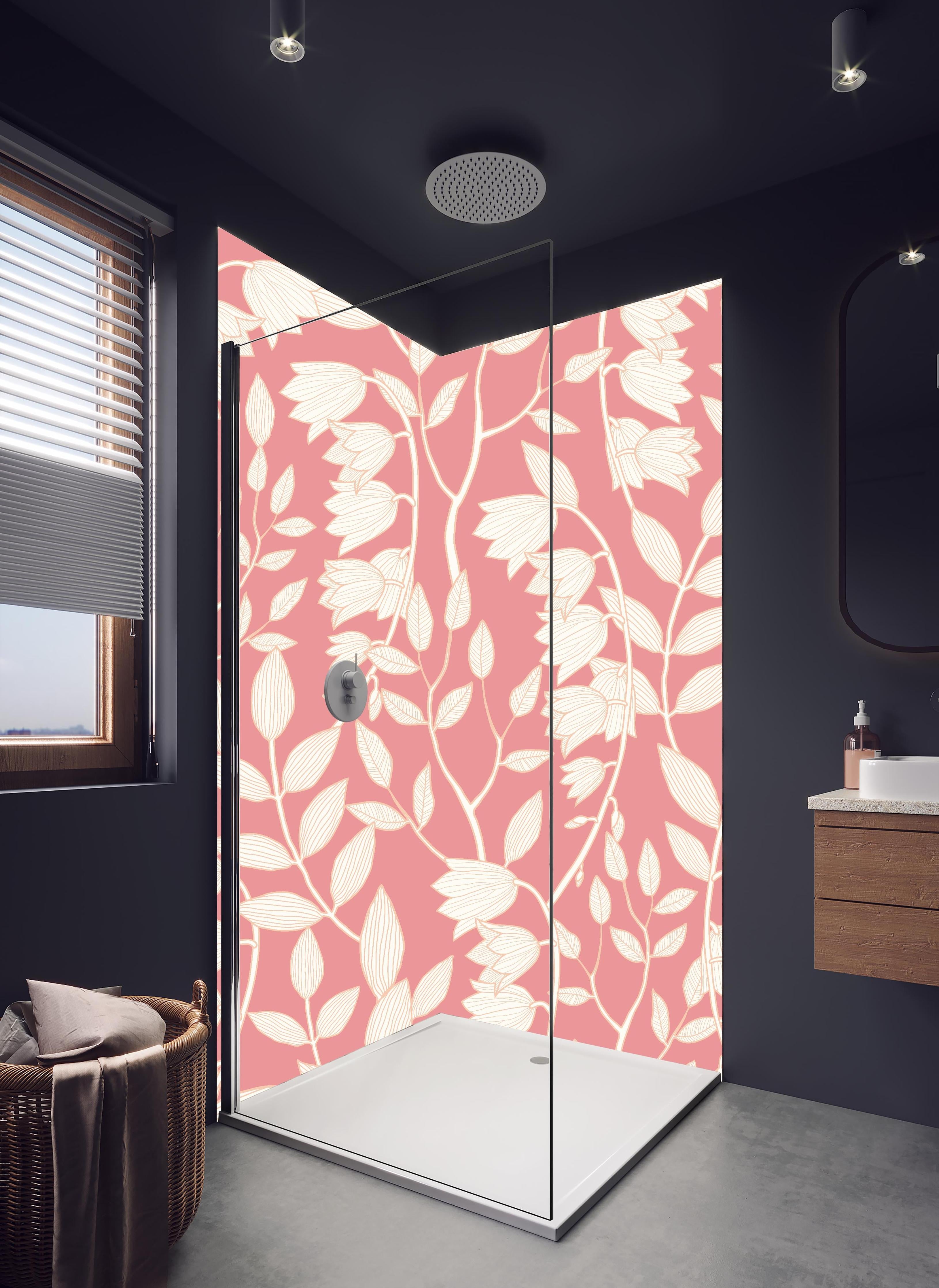 Duschrückwand - Zartrosa Tapete mit elegantem Blattmuster in hellem Badezimmer mit Regenduschkopf - zweiteilige Eck-Duschrückwand