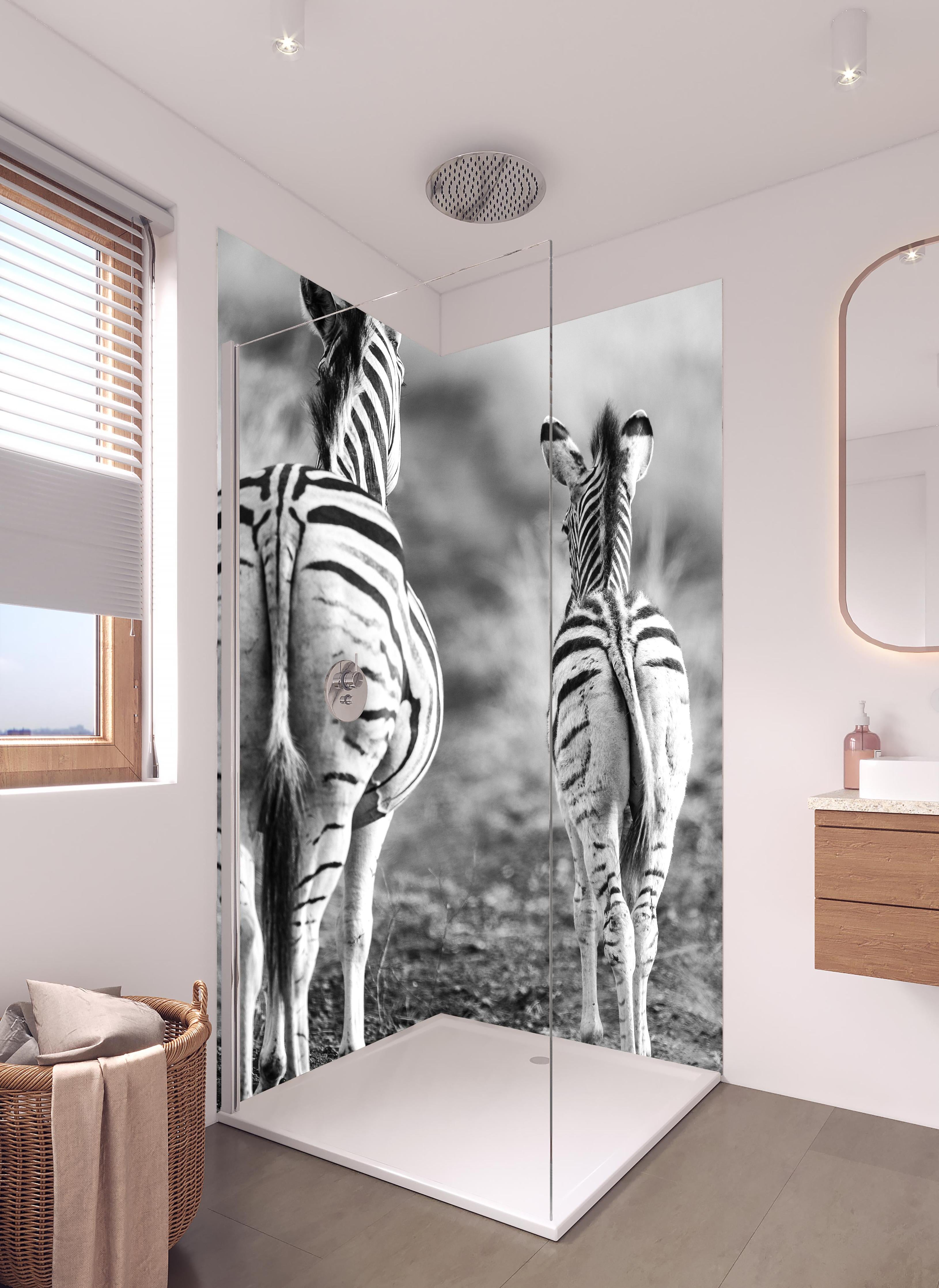 Duschrückwand - Zebra - schwarz-weiß in hellem Badezimmer mit Regenduschkopf - zweiteilige Eck-Duschrückwand