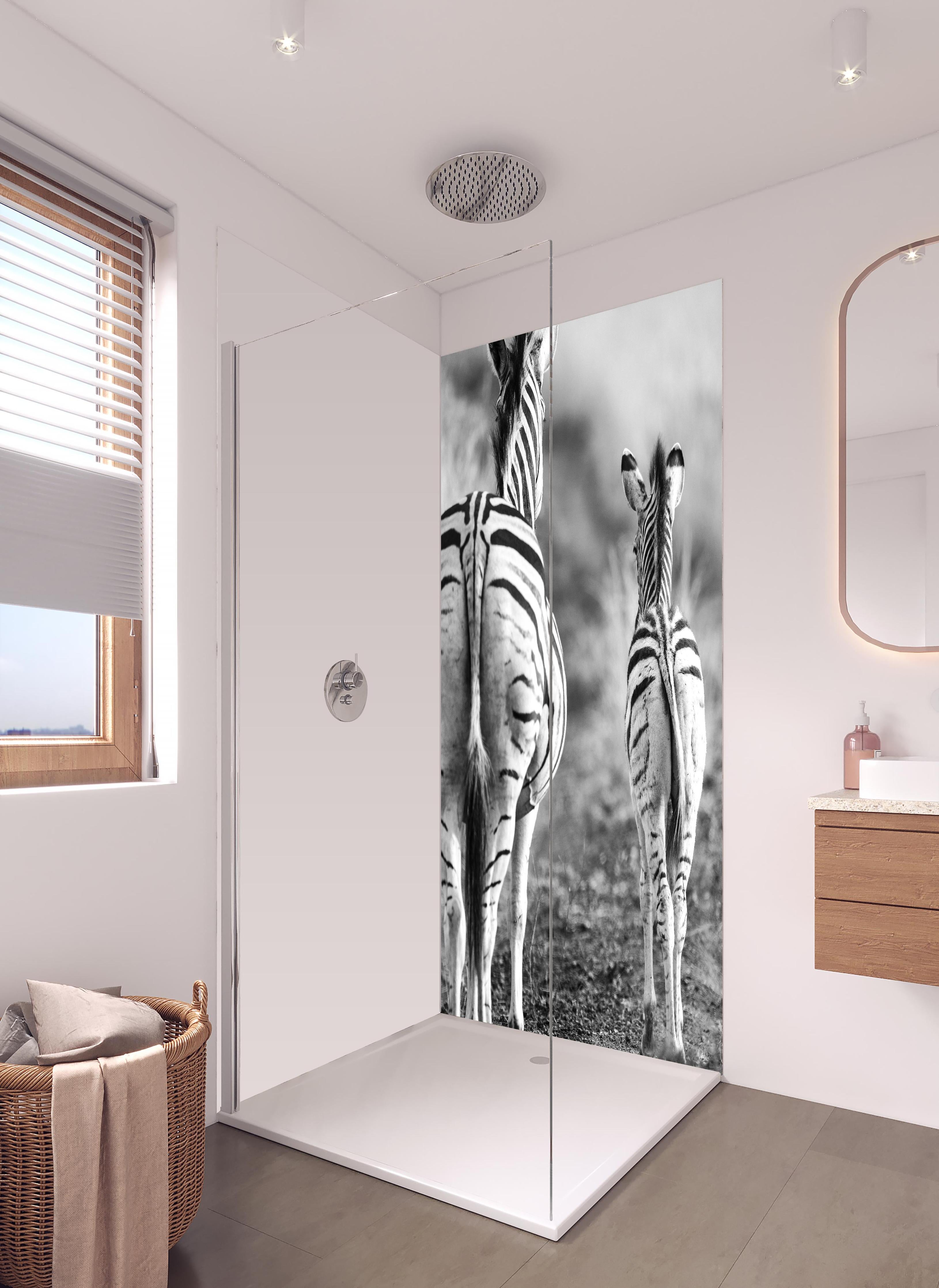 Duschrückwand - Zebra - schwarz-weiß in hellem Badezimmer mit Regenduschkopf - zweiteilige Eck-Duschrückwand