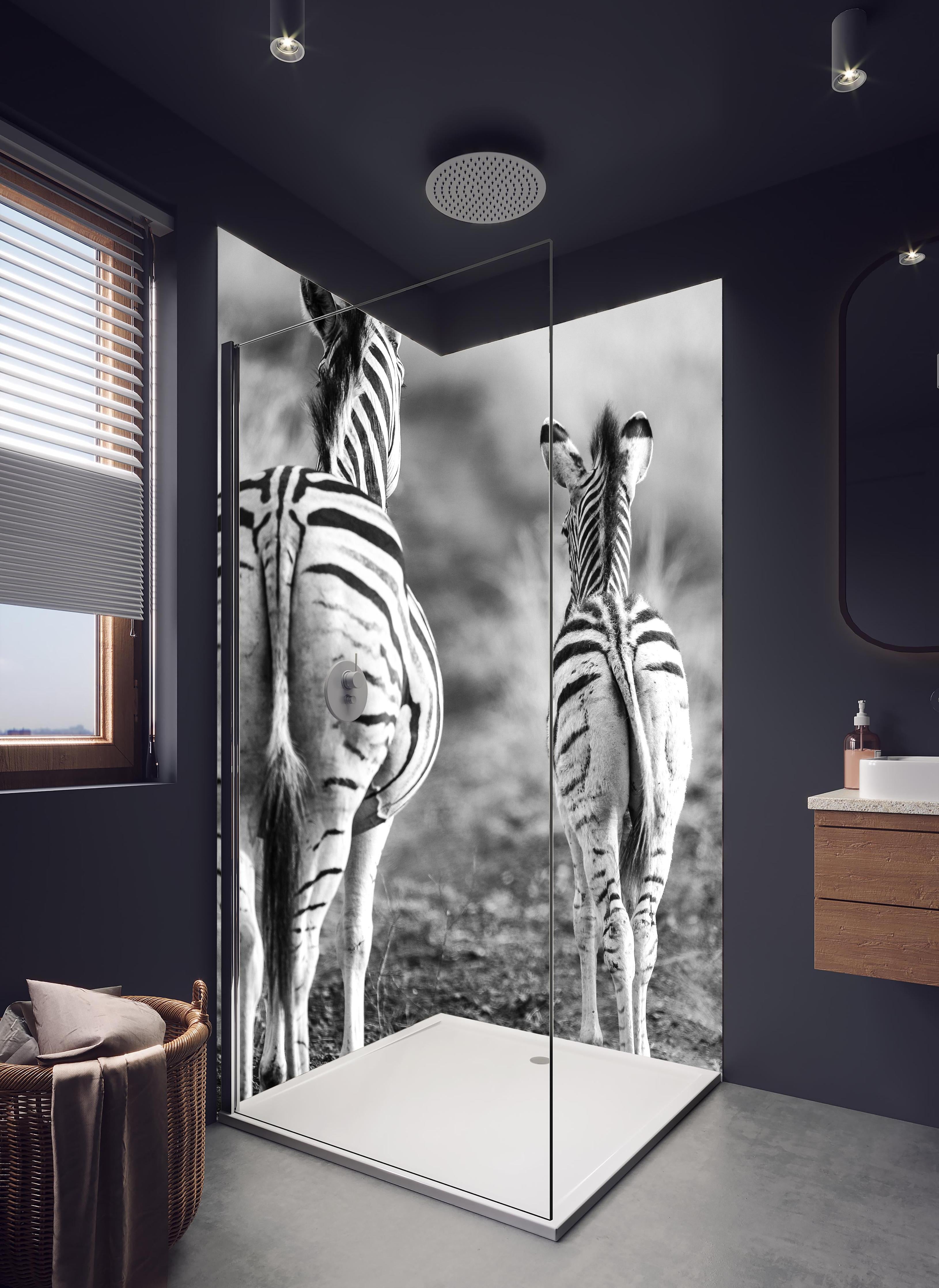 Duschrückwand - Zebra - schwarz-weiß in hellem Badezimmer mit Regenduschkopf - zweiteilige Eck-Duschrückwand