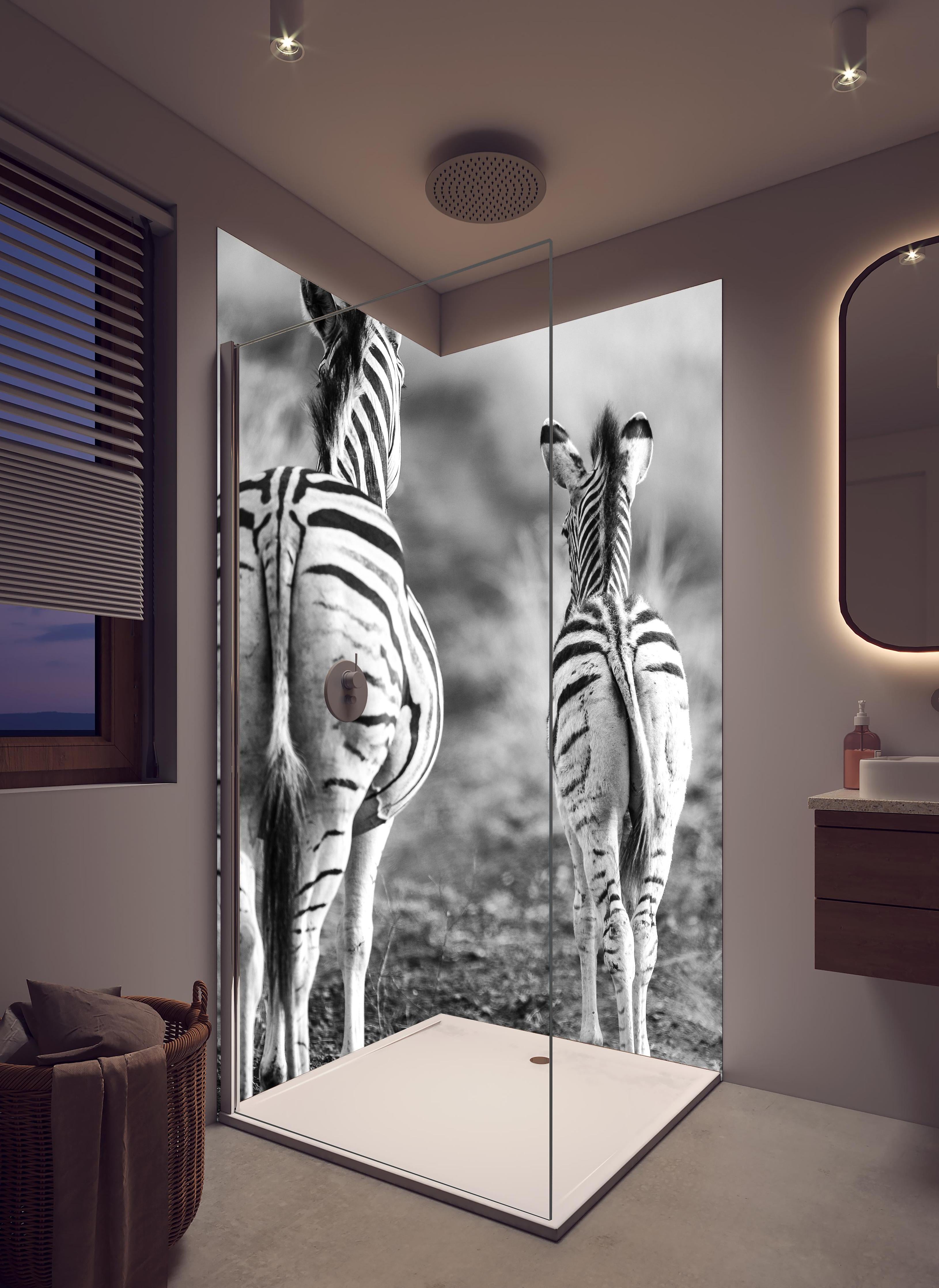 Duschrückwand - Zebra - schwarz-weiß in hellem Badezimmer mit Regenduschkopf - zweiteilige Eck-Duschrückwand