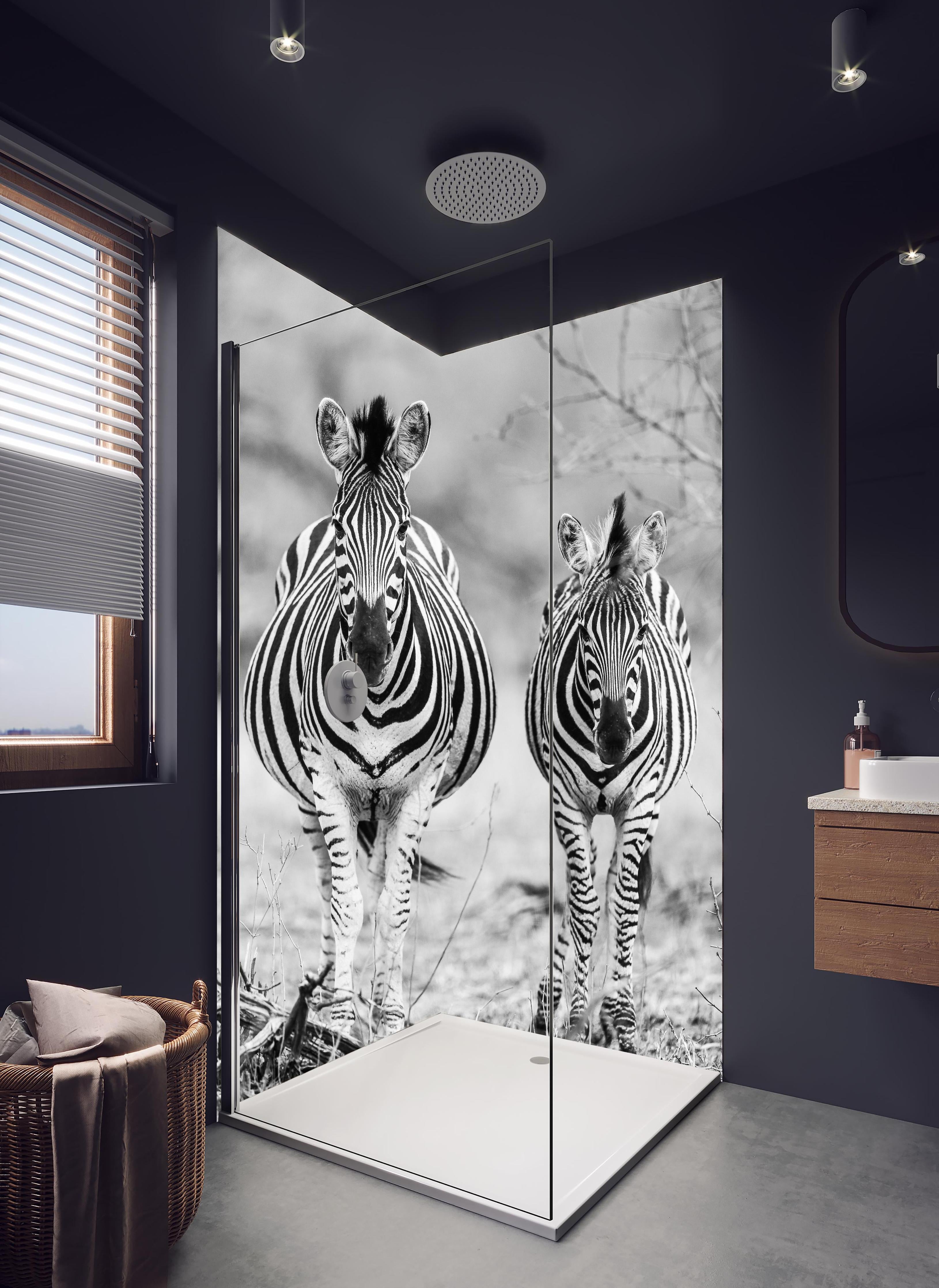 Duschrückwand - Zebrapaar in Schwarz-Weiß-Kontrast in hellem Badezimmer mit Regenduschkopf - zweiteilige Eck-Duschrückwand