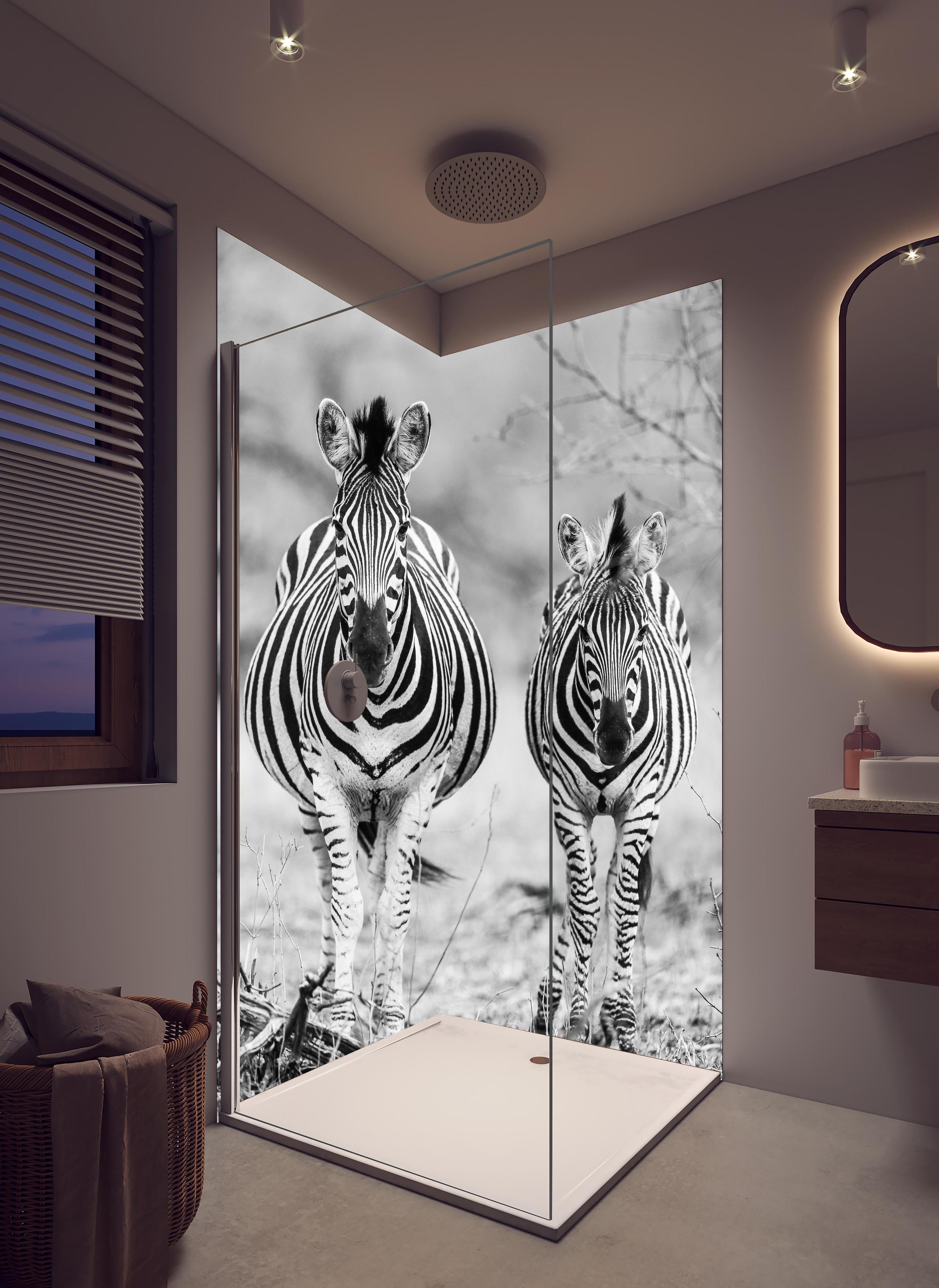 Duschrückwand - Zebrapaar in Schwarz-Weiß-Kontrast in hellem Badezimmer mit Regenduschkopf - zweiteilige Eck-Duschrückwand