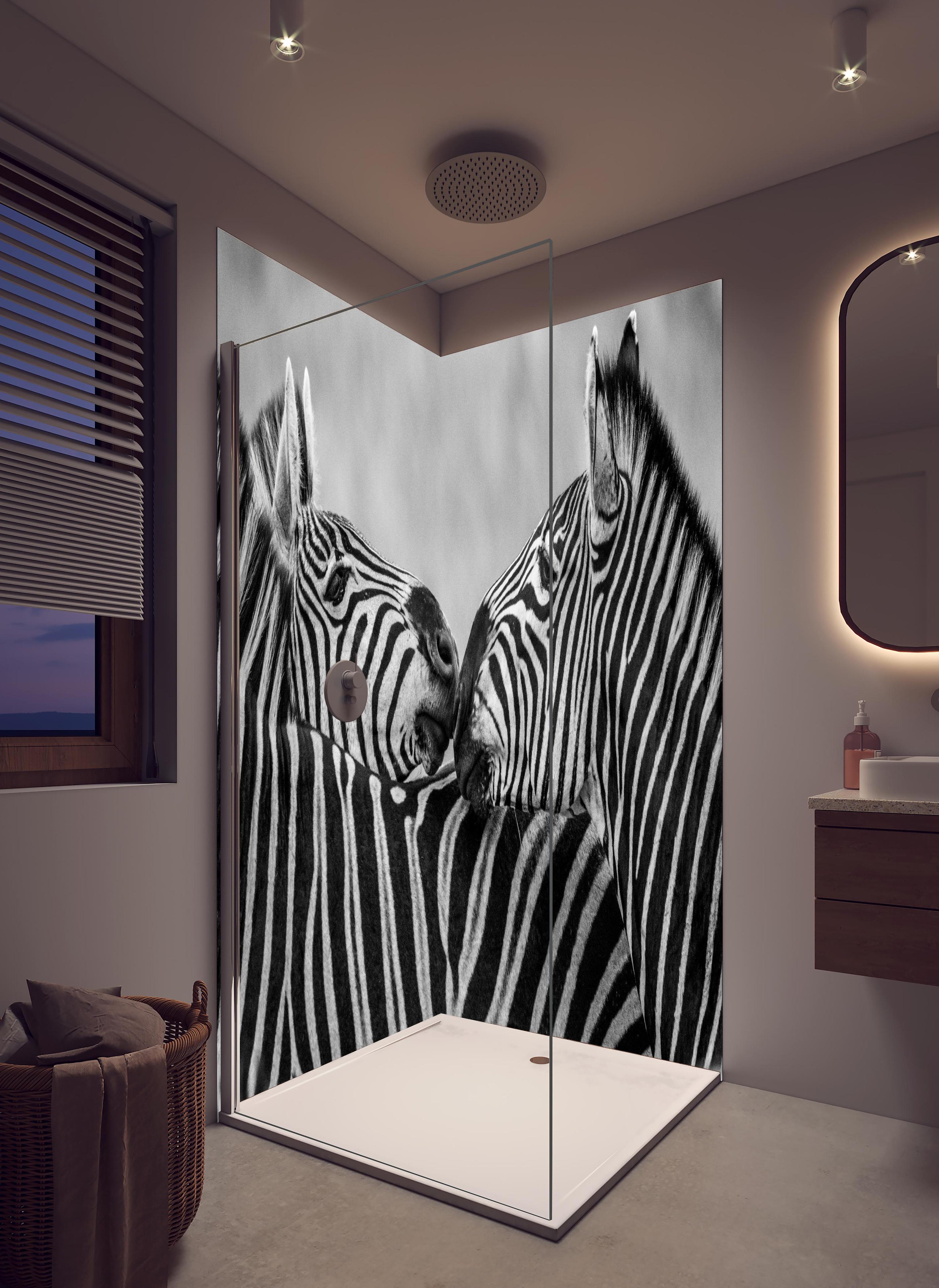 Duschrückwand - Zebras - Schwarz-weiß in hellem Badezimmer mit Regenduschkopf - zweiteilige Eck-Duschrückwand