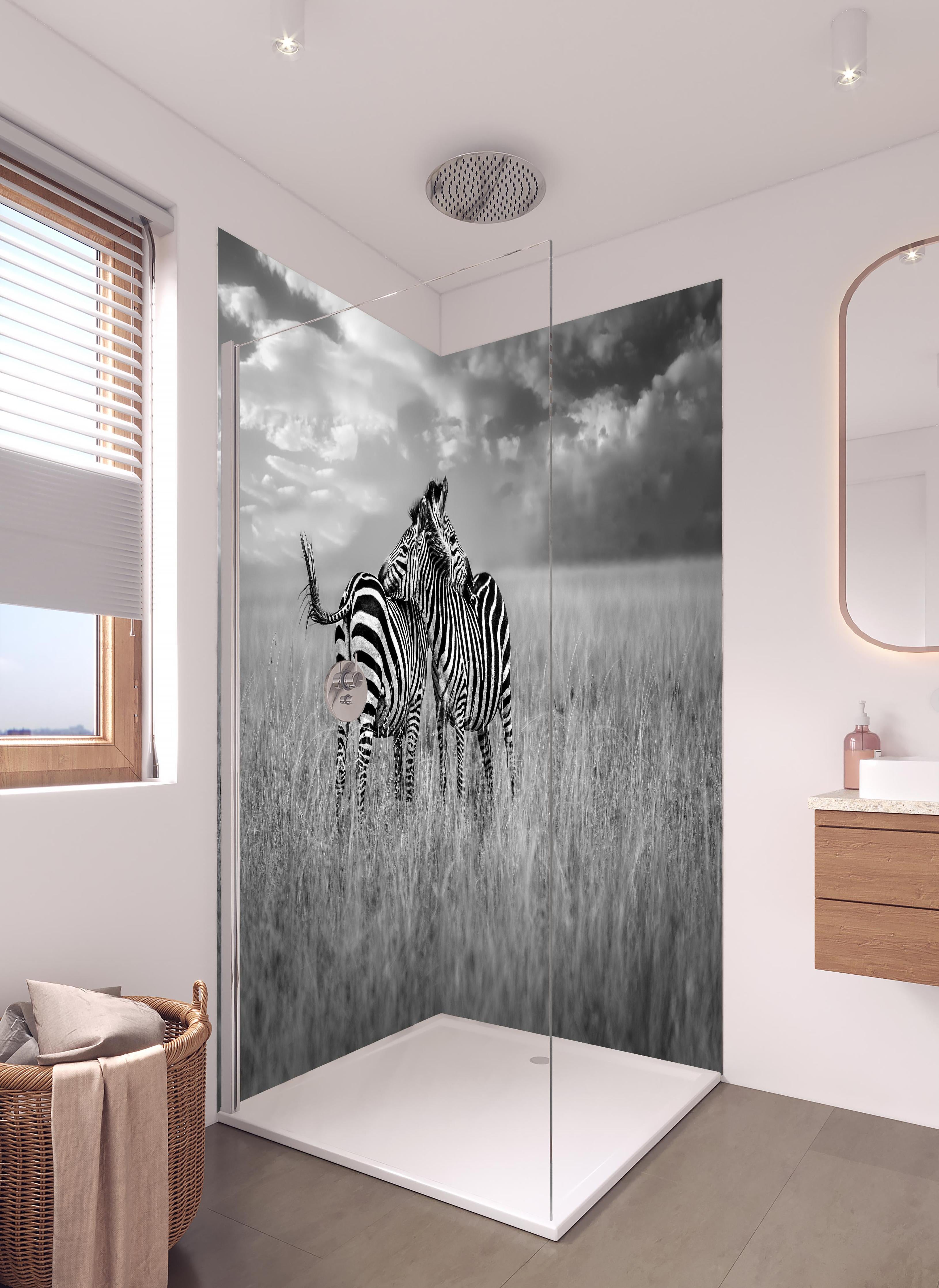 Duschrückwand - Zebras in ihrer Natur - Savanne in hellem Badezimmer mit Regenduschkopf - zweiteilige Eck-Duschrückwand