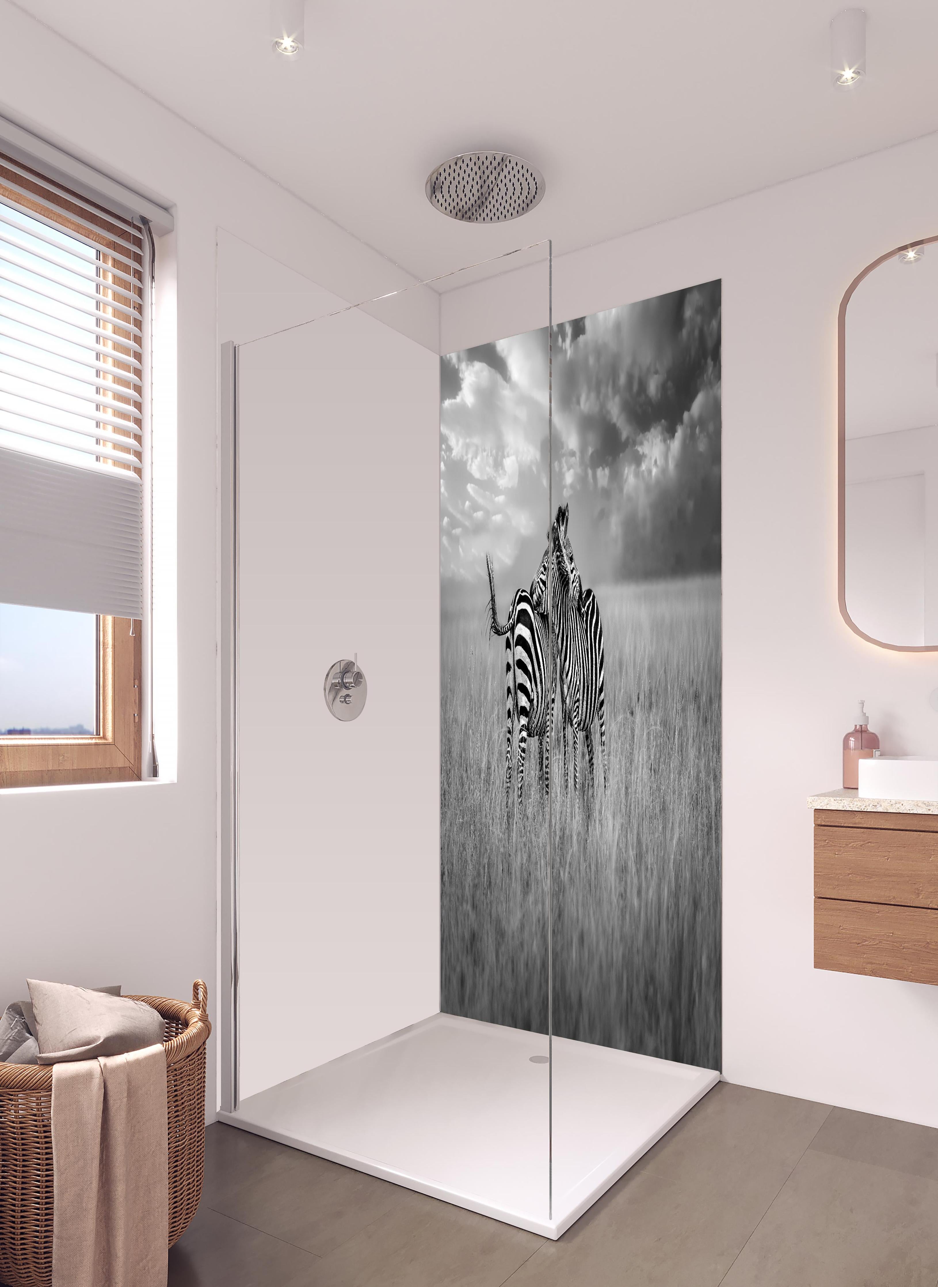 Duschrückwand - Zebras in ihrer Natur - Savanne in hellem Badezimmer mit Regenduschkopf - zweiteilige Eck-Duschrückwand