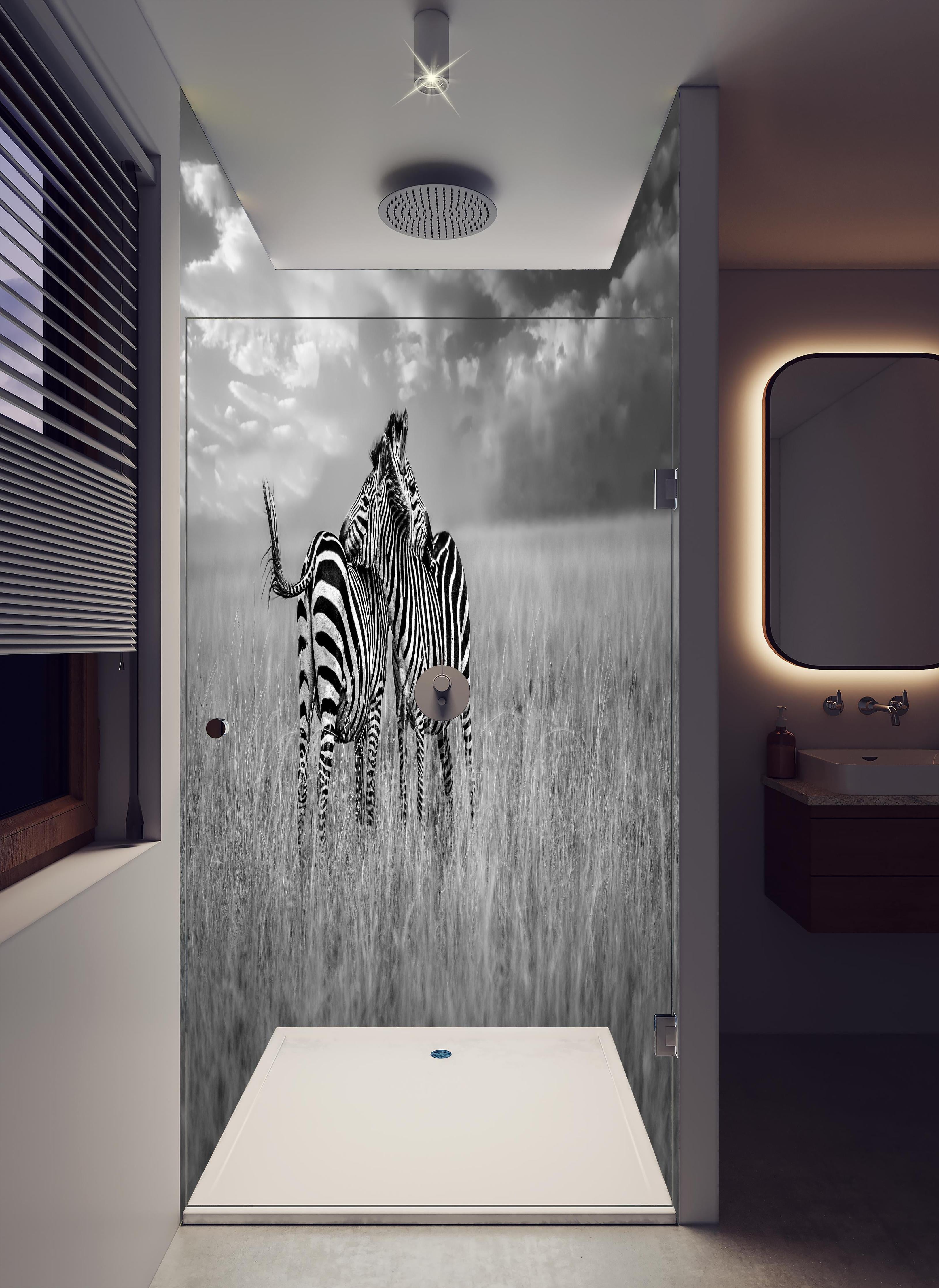 Duschrückwand - Zebras in ihrer Natur - Savanne in hellem Badezimmer mit Regenduschkopf - zweiteilige Eck-Duschrückwand