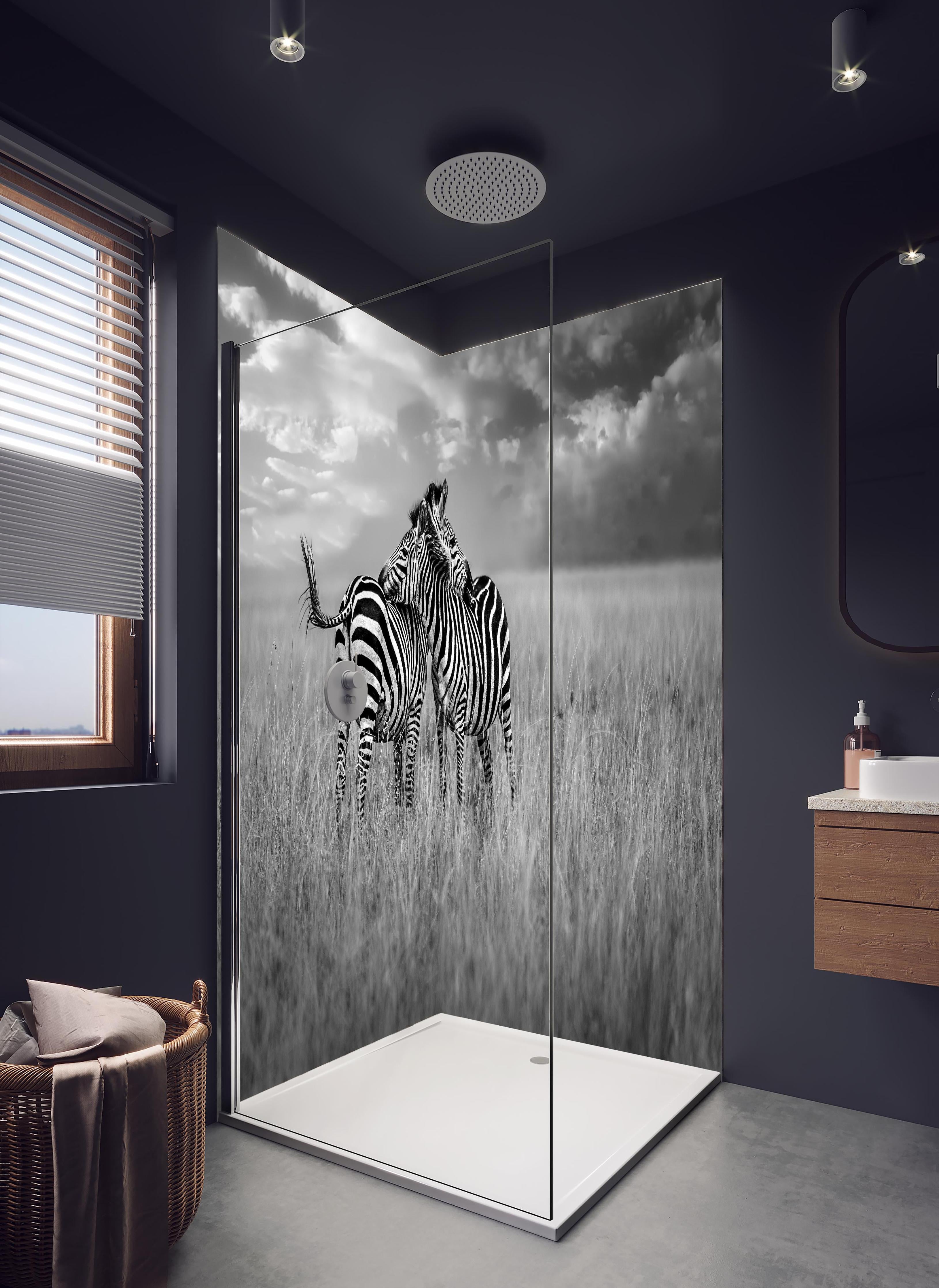 Duschrückwand - Zebras in ihrer Natur - Savanne in hellem Badezimmer mit Regenduschkopf - zweiteilige Eck-Duschrückwand
