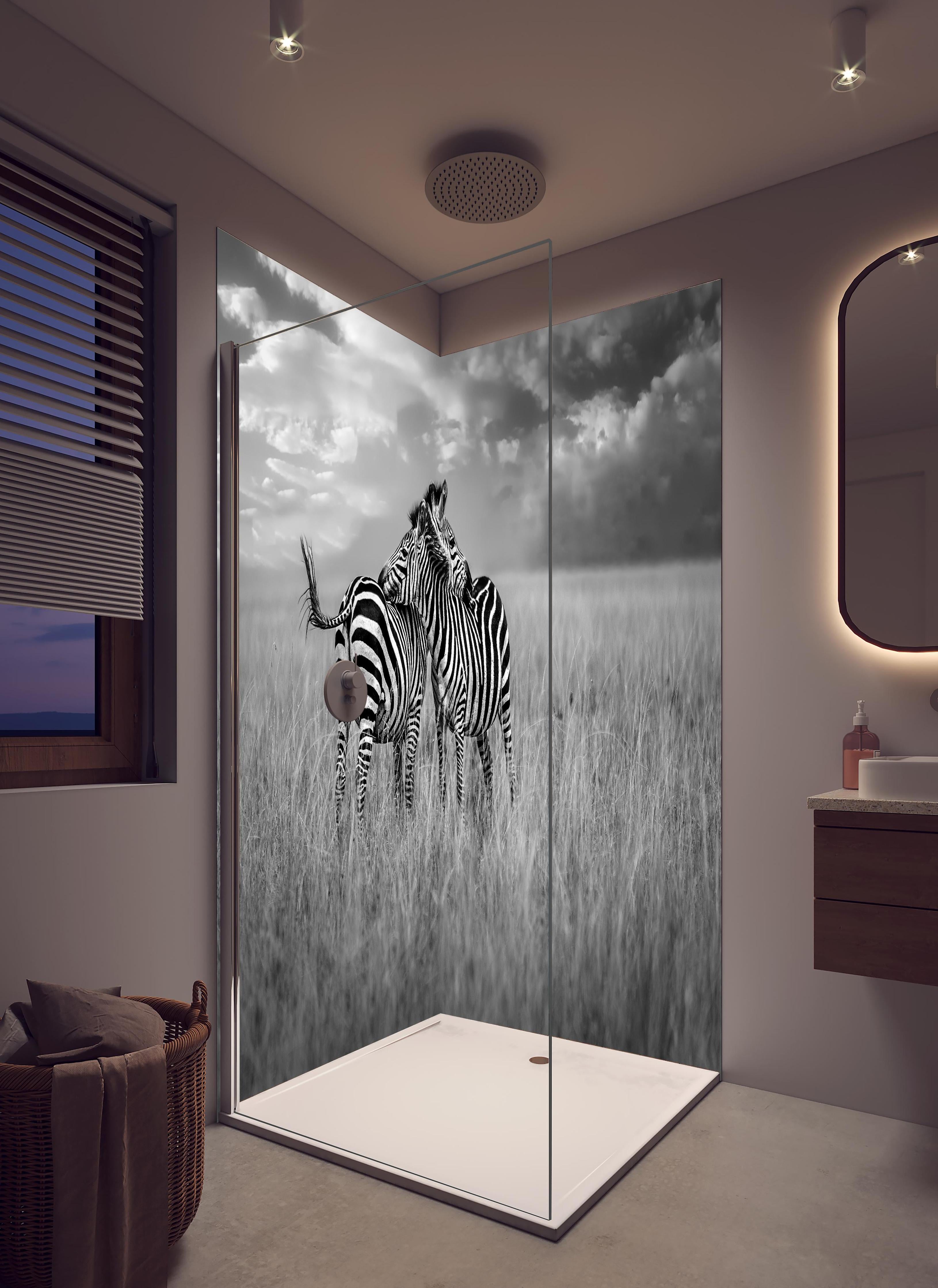 Duschrückwand - Zebras in ihrer Natur - Savanne in hellem Badezimmer mit Regenduschkopf - zweiteilige Eck-Duschrückwand