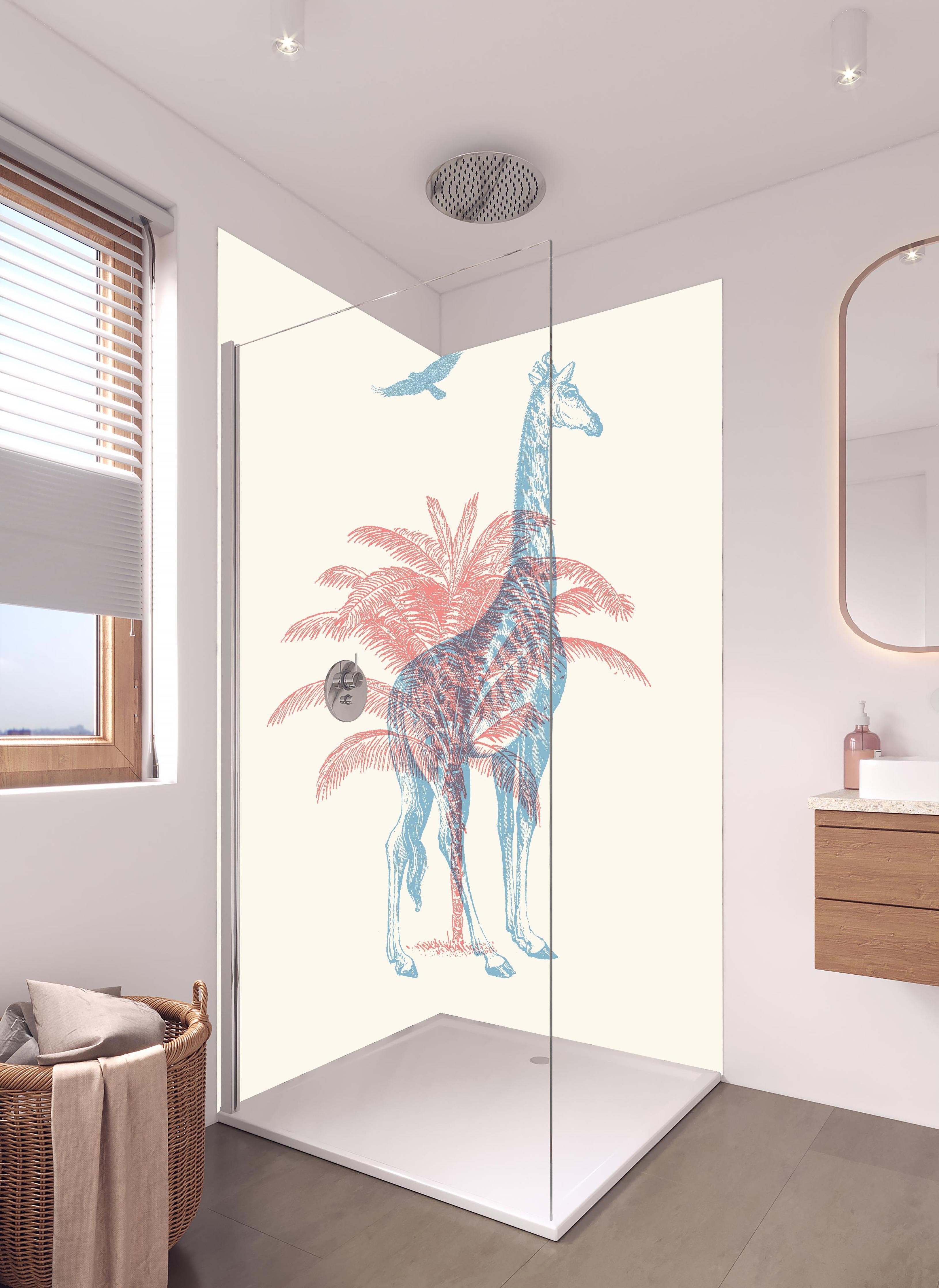 Duschrückwand - Zeichnung einer Giraffe - Moderne Kunst in hellem Badezimmer mit Regenduschkopf - zweiteilige Eck-Duschrückwand