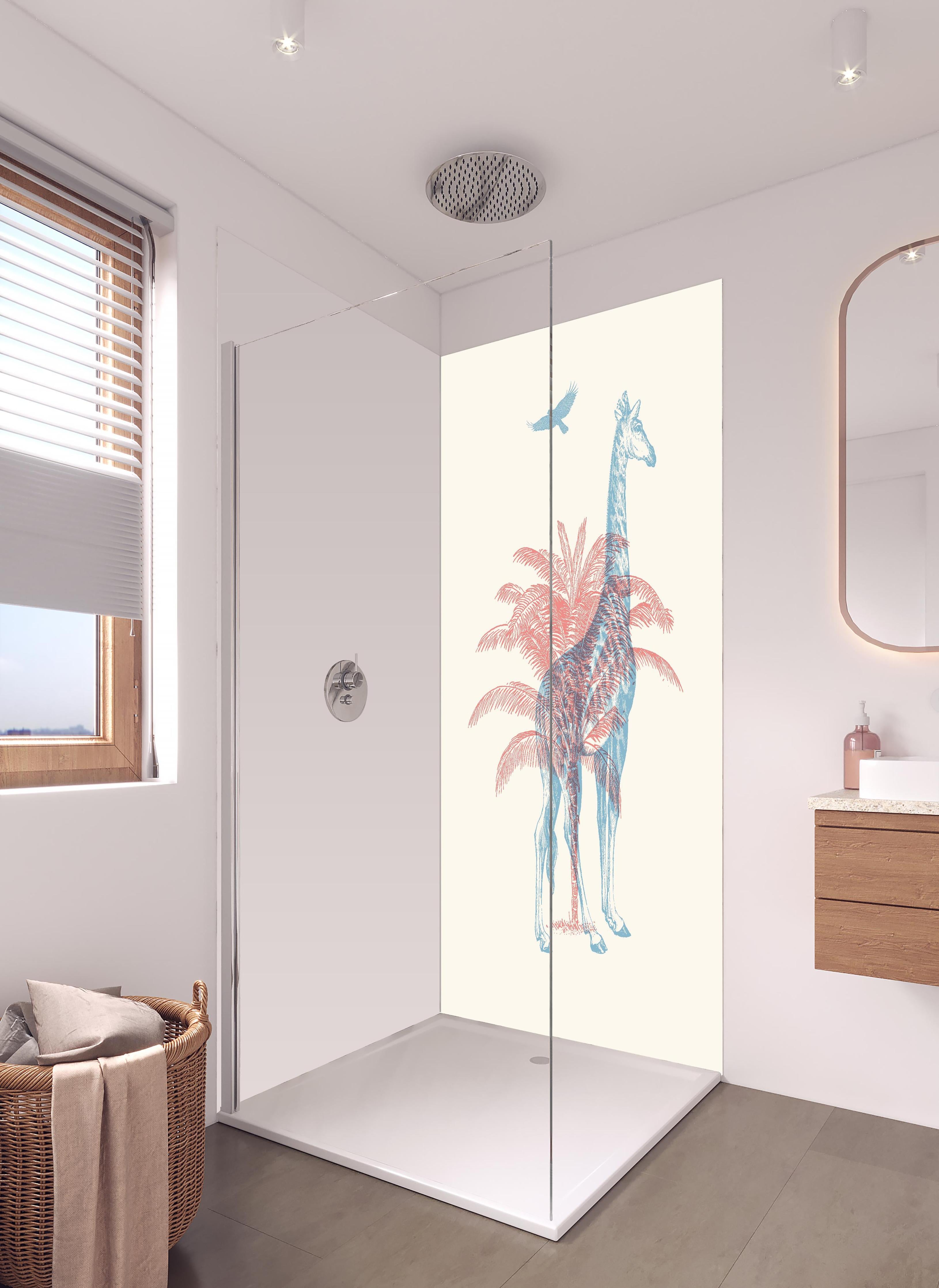 Duschrückwand - Zeichnung einer Giraffe - Moderne Kunst in hellem Badezimmer mit Regenduschkopf - zweiteilige Eck-Duschrückwand