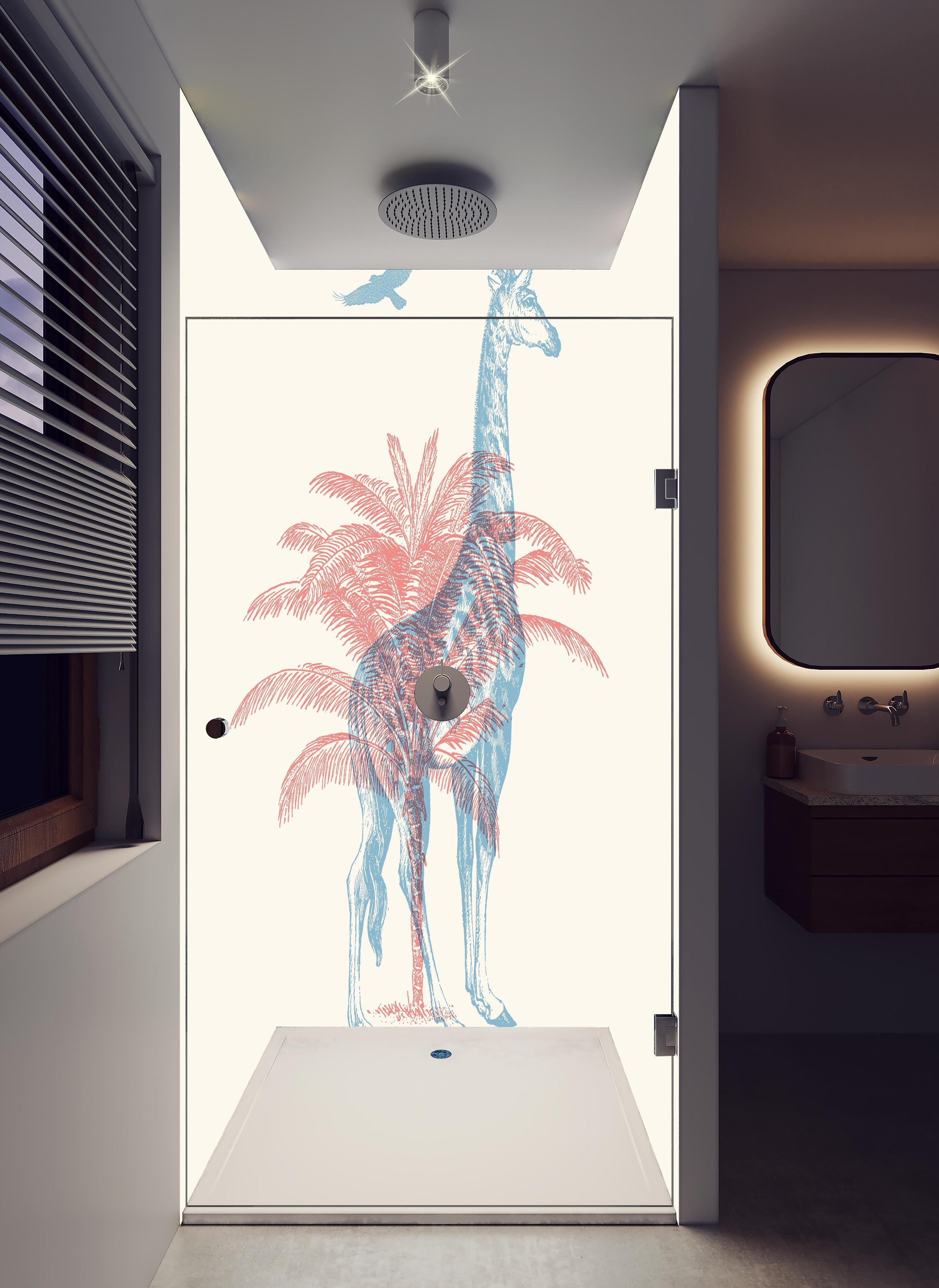 Duschrückwand - Zeichnung einer Giraffe - Moderne Kunst in hellem Badezimmer mit Regenduschkopf - zweiteilige Eck-Duschrückwand