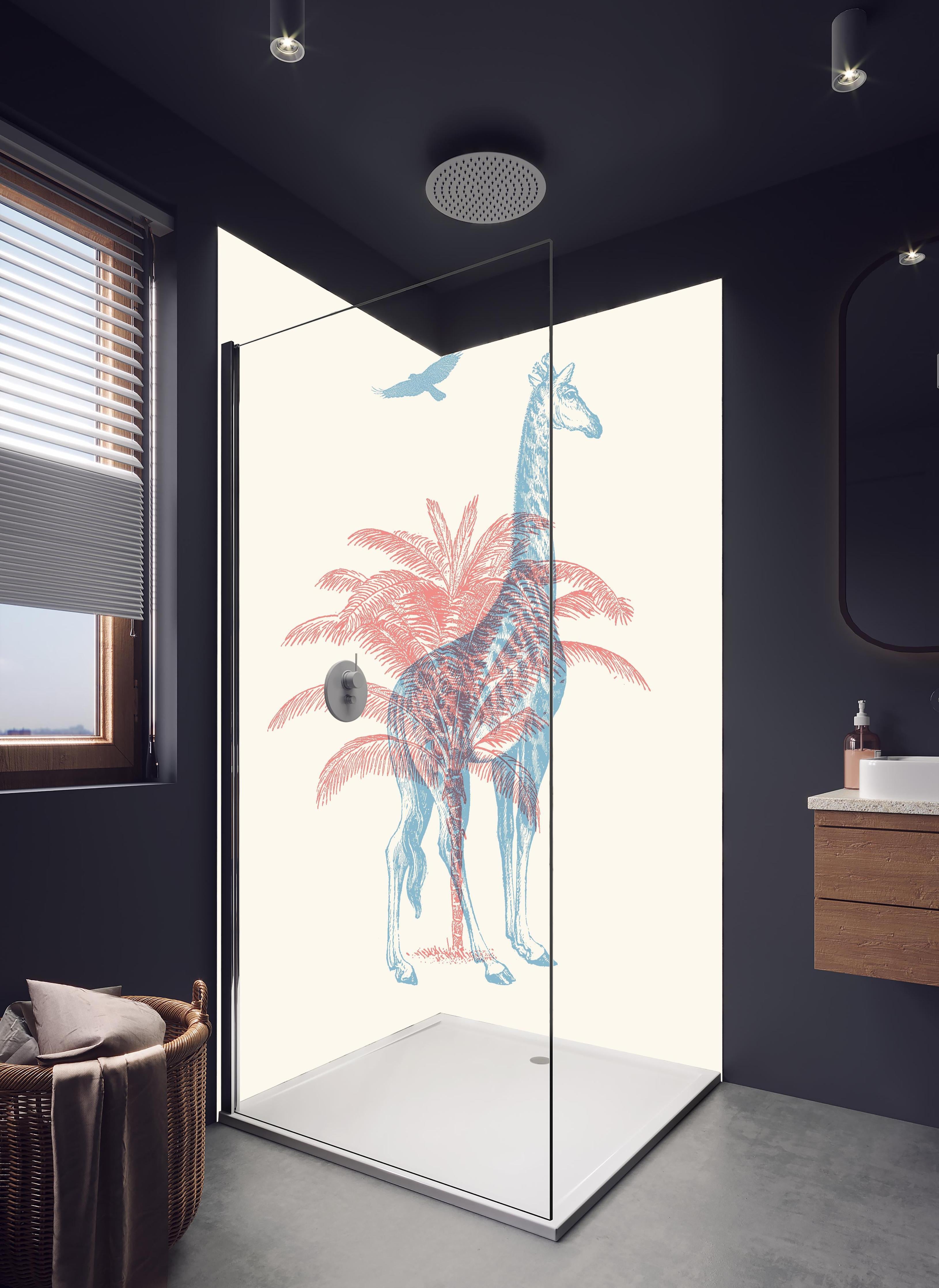 Duschrückwand - Zeichnung einer Giraffe - Moderne Kunst in hellem Badezimmer mit Regenduschkopf - zweiteilige Eck-Duschrückwand