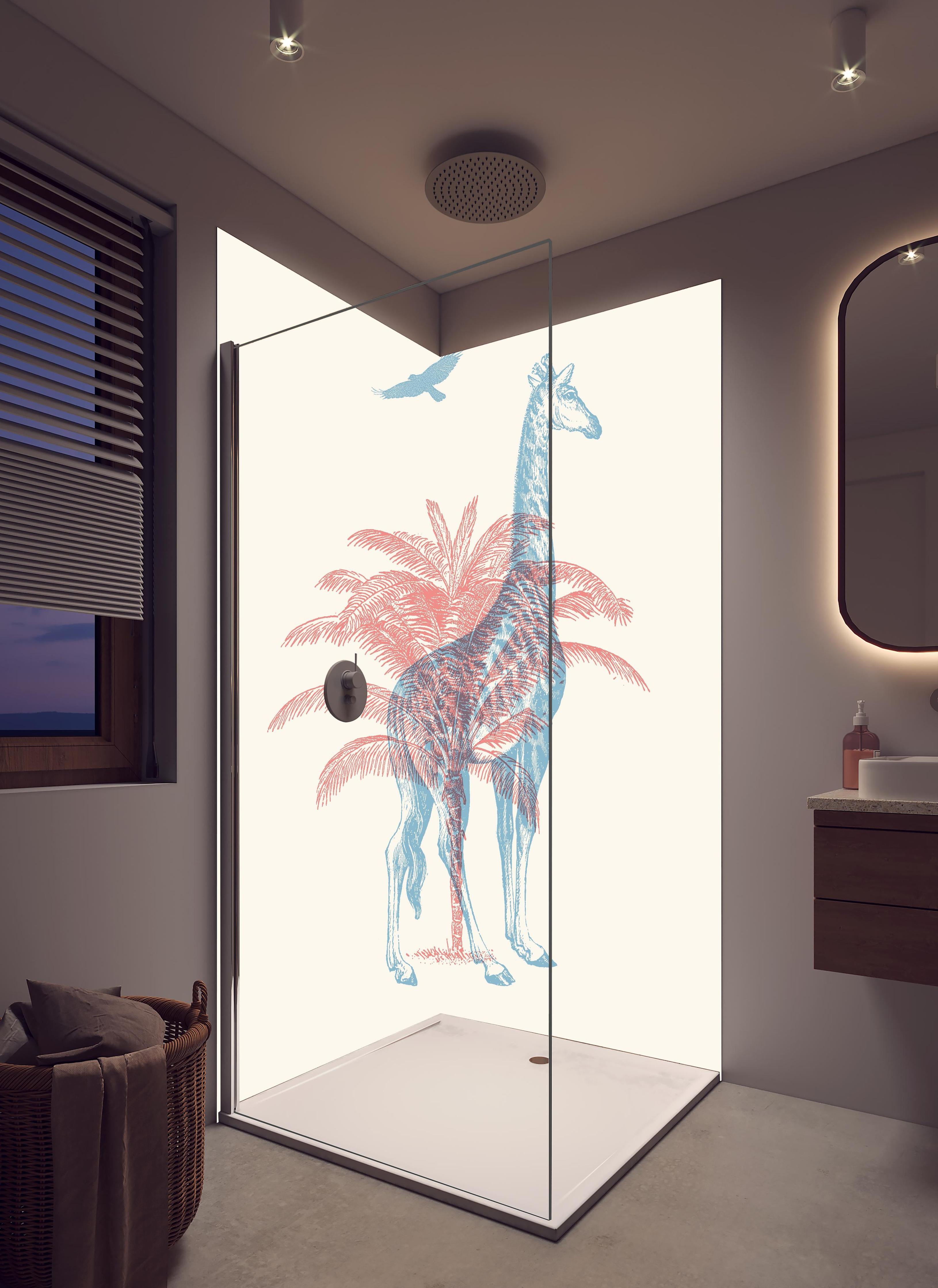 Duschrückwand - Zeichnung einer Giraffe - Moderne Kunst in hellem Badezimmer mit Regenduschkopf - zweiteilige Eck-Duschrückwand