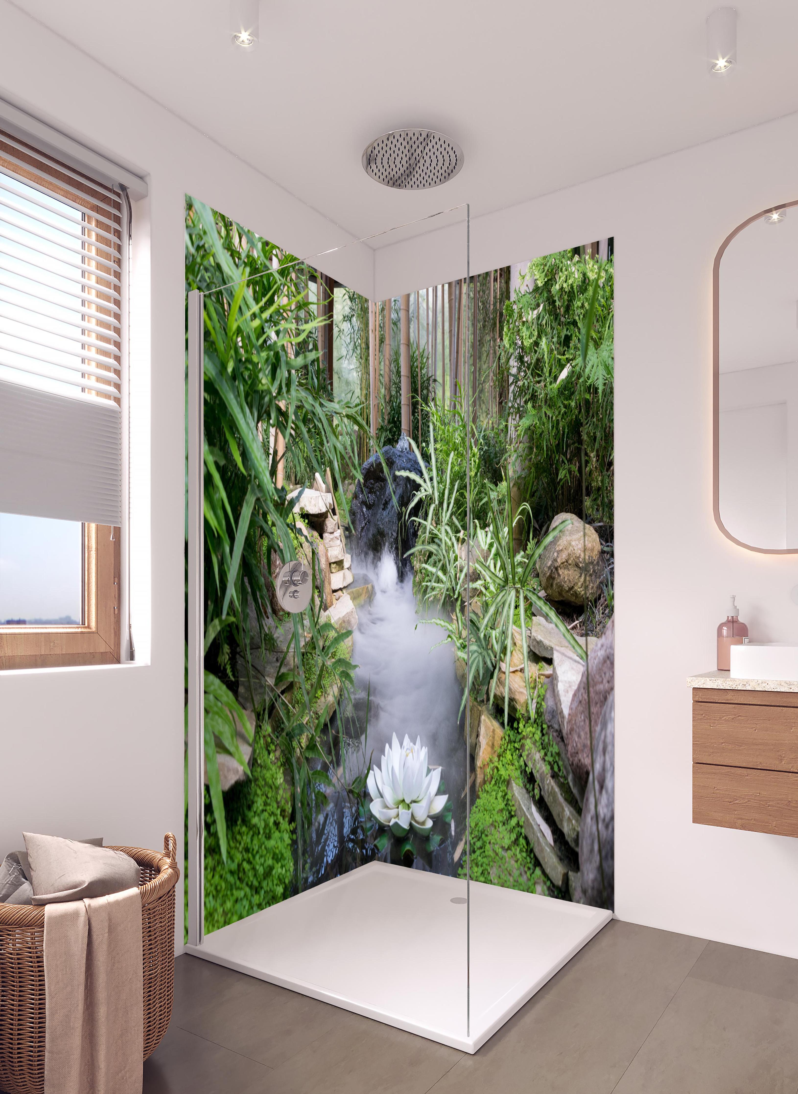 Duschrückwand - Zen-Garten mit weißer Seerose in hellem Badezimmer mit Regenduschkopf - zweiteilige Eck-Duschrückwand