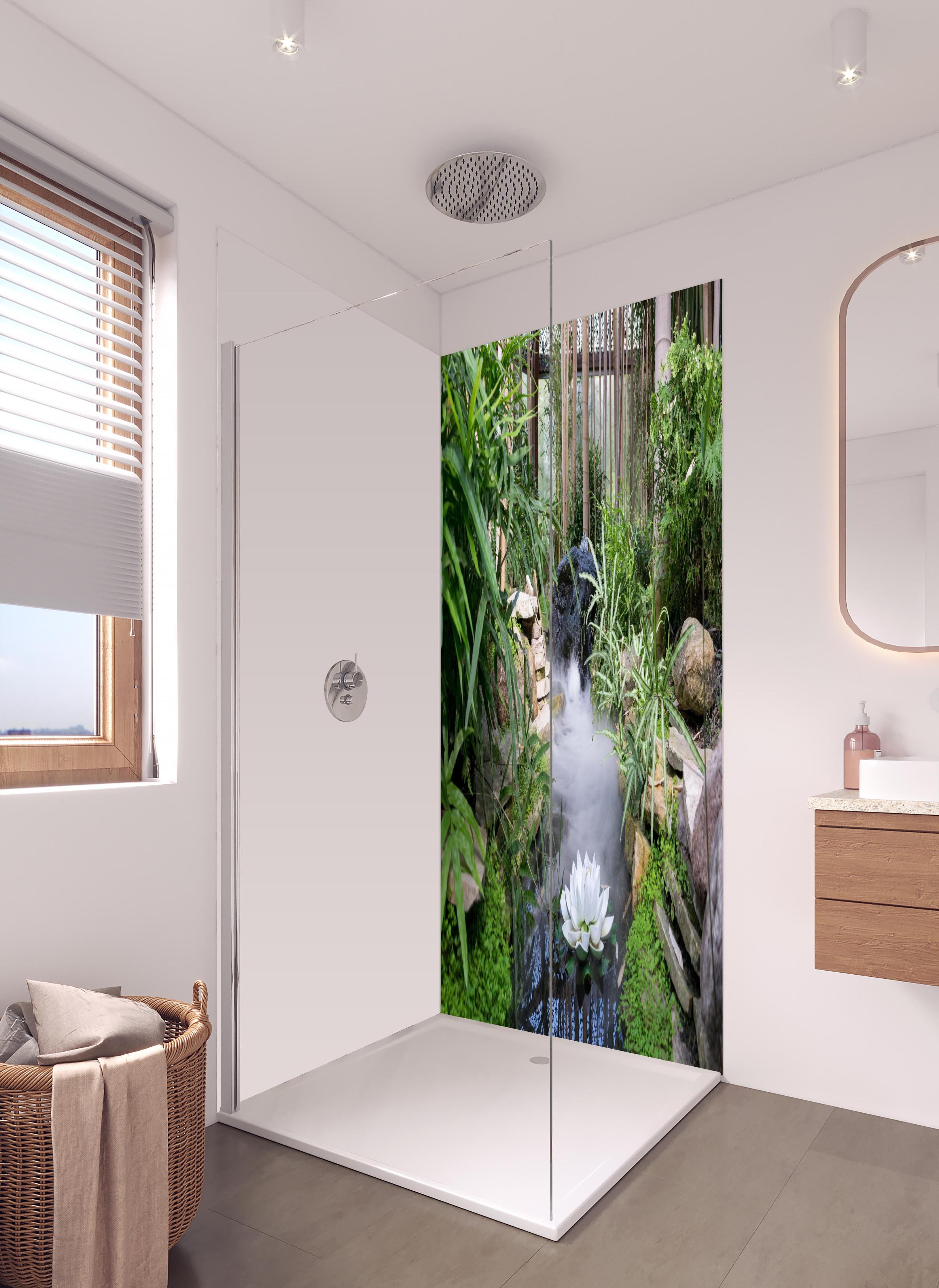 Duschrückwand - Zen-Garten mit weißer Seerose in hellem Badezimmer mit Regenduschkopf - zweiteilige Eck-Duschrückwand